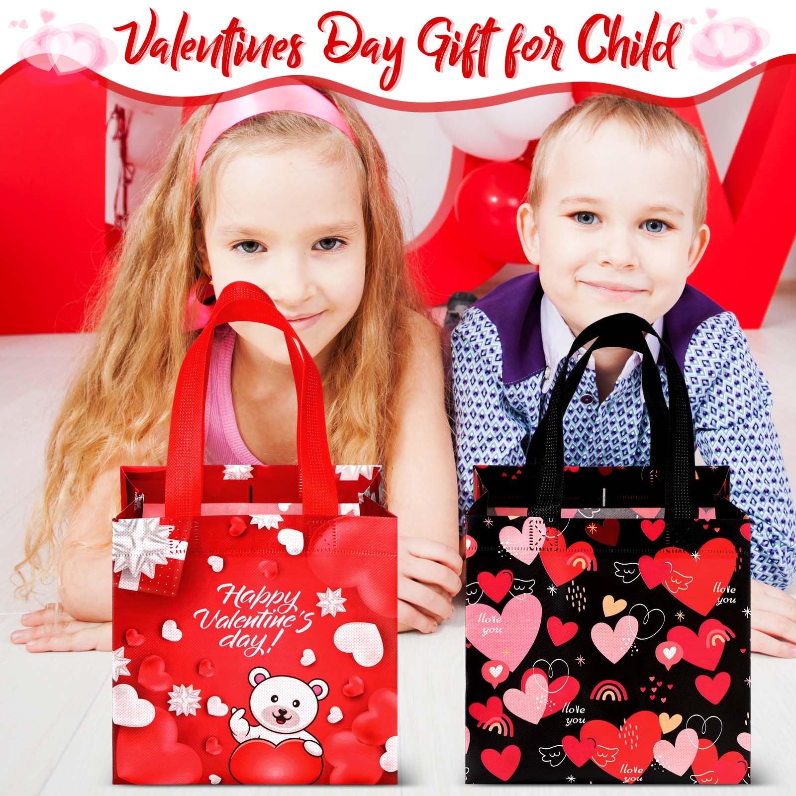 Valentine's Day Gift Bags with Handles - Eco-Friendly Reusable Non-Woven Tote Bags for Kids, Waterproof Treat Bags for Gift Wrapping - Perfect for Classroom Parties, Birthday Favors & Holiday Presents