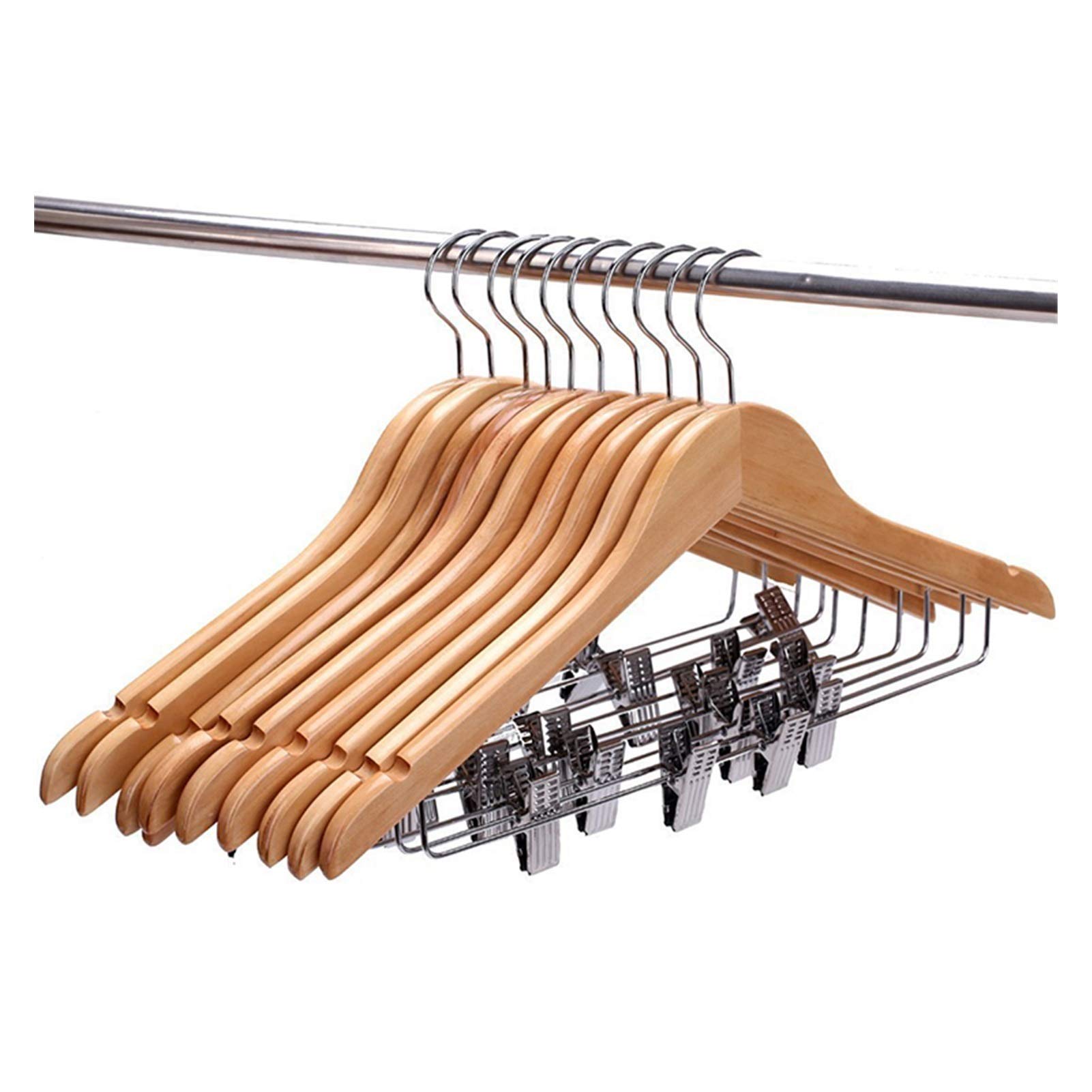 Premium Wooden Suit Hangers with Polished Clips & Hooks - Natural Wood Clothes Airer Wall Hanger (10-Piece Set) - Ideal for Closet Organization, Wardrobe Storage & Space-Saving Drying