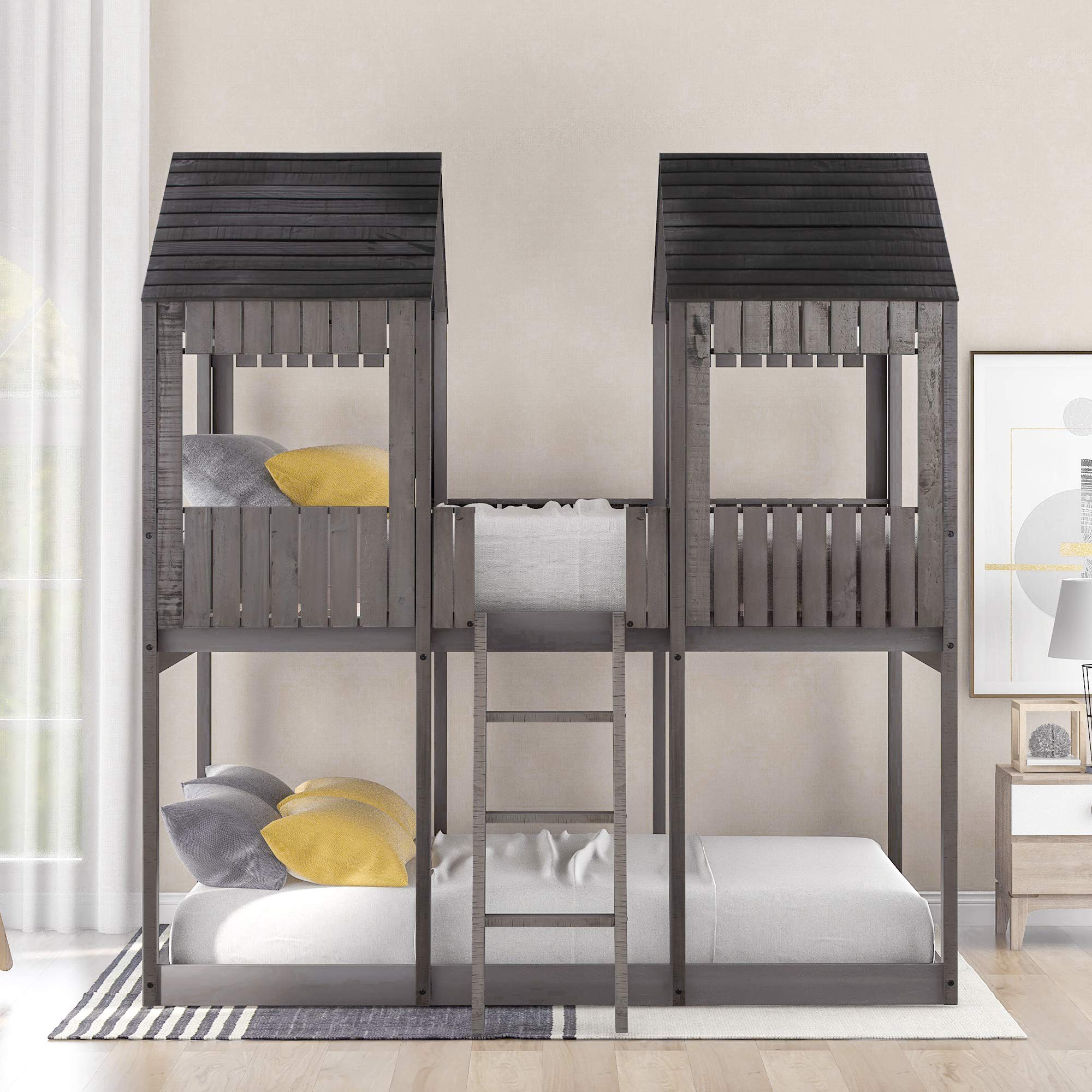LZ LEISURE ZONE Full Over Full Bunk Bed with Roof & Ladder - Solid Wood Loft Bed with Window & Guardrail - Antique Gray Finish - Perfect for Kids' Bedroom, Guest Room & Small Space Living
