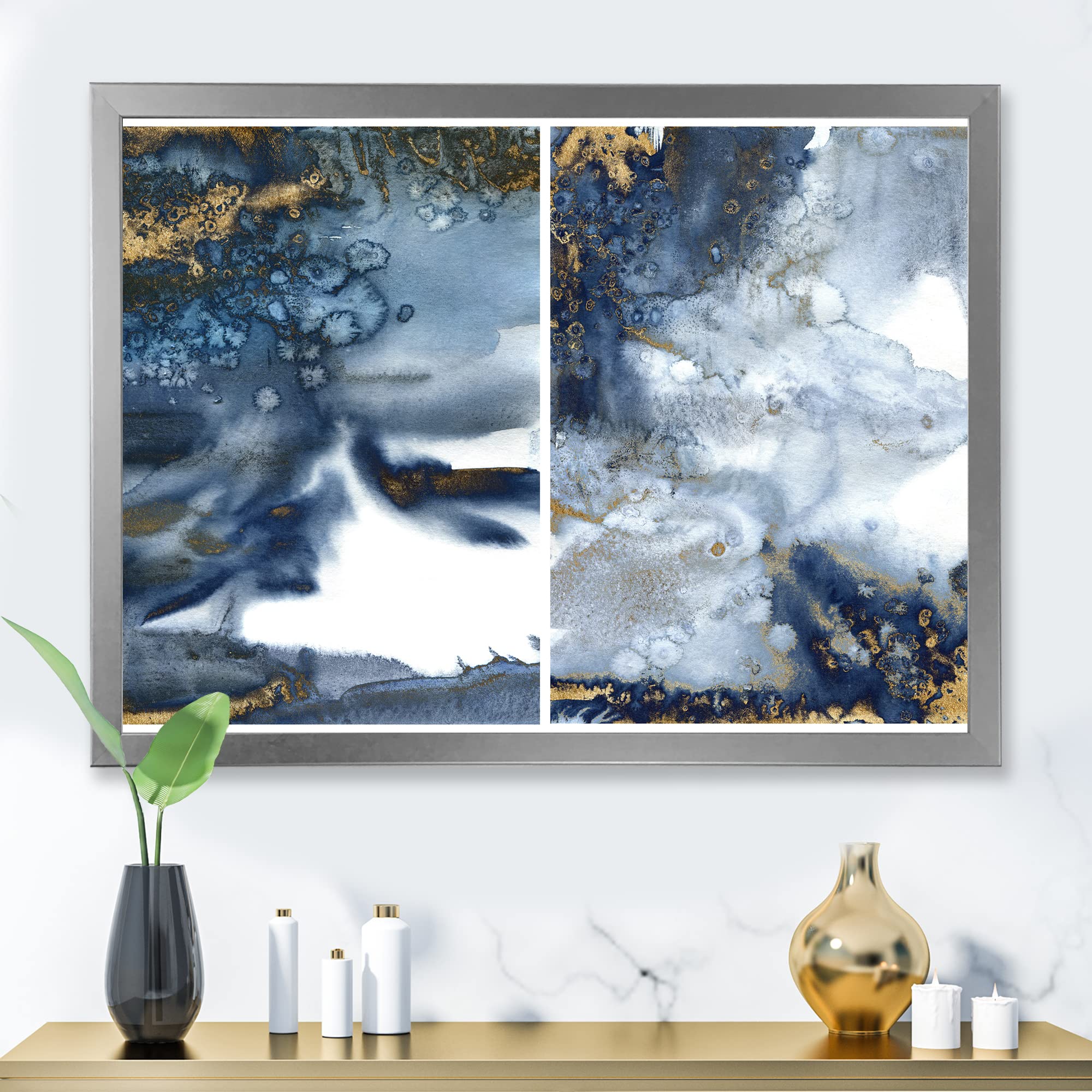 DesignQ Dark Blue and Gold Abstract Waves IV Modern Framed Wall Art - Premium Canvas Painting for Living Room, Bedroom & Office Decor