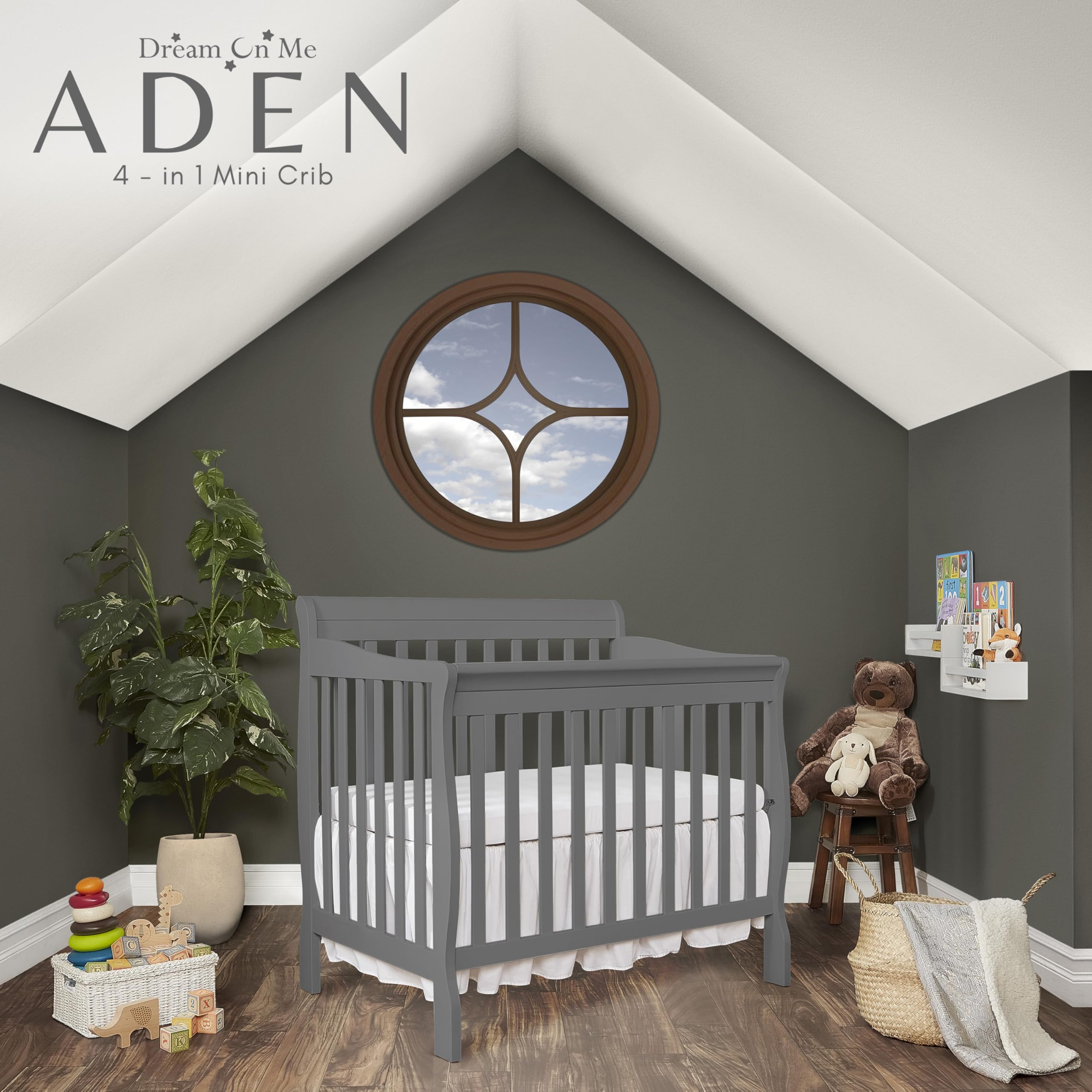 Dream On Me Aden 4-in-1 Convertible Mini Crib - Steel Grey | Greenguard Gold Certified | Non-Toxic New Zealand Pinewood | 3 Adjustable Mattress Heights | Perfect for Nursery, Small Spaces & Travel