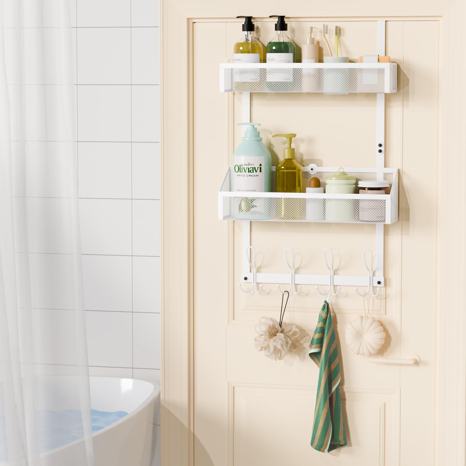 Hocookeeper Over The Door Hooks & Baskets - 12 Sturdy Hooks & 2 Durable Mesh Baskets for Bathroom, Kitchen, Bedroom Storage Organizer - Space Saving White Door Hanger for Towels, Robes, Keys & Small Items