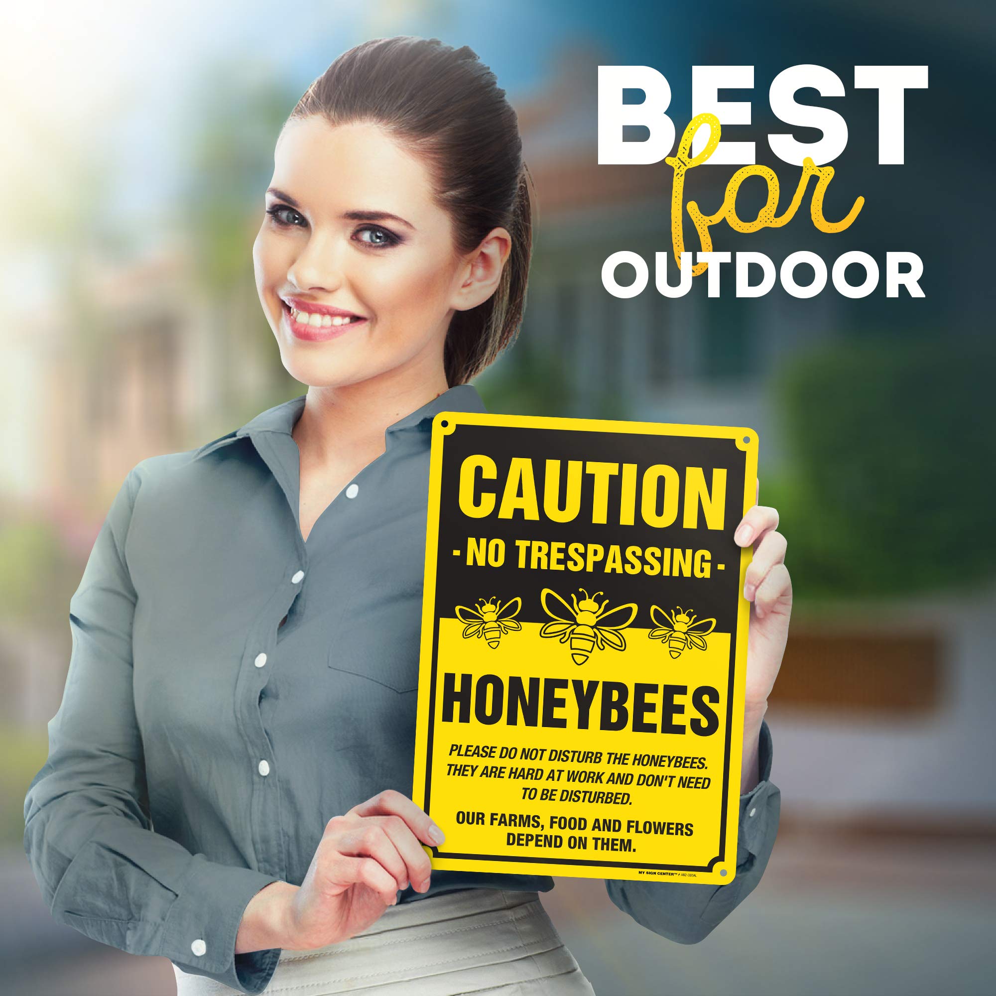 Caution No Trespassing HoneyBees Sign - 10x14 Inch Durable Aluminum Sign, Fade Resistant for Indoor & Outdoor Use - Made in USA - Perfect for Beekeeping Areas, Gardens & Apiaries