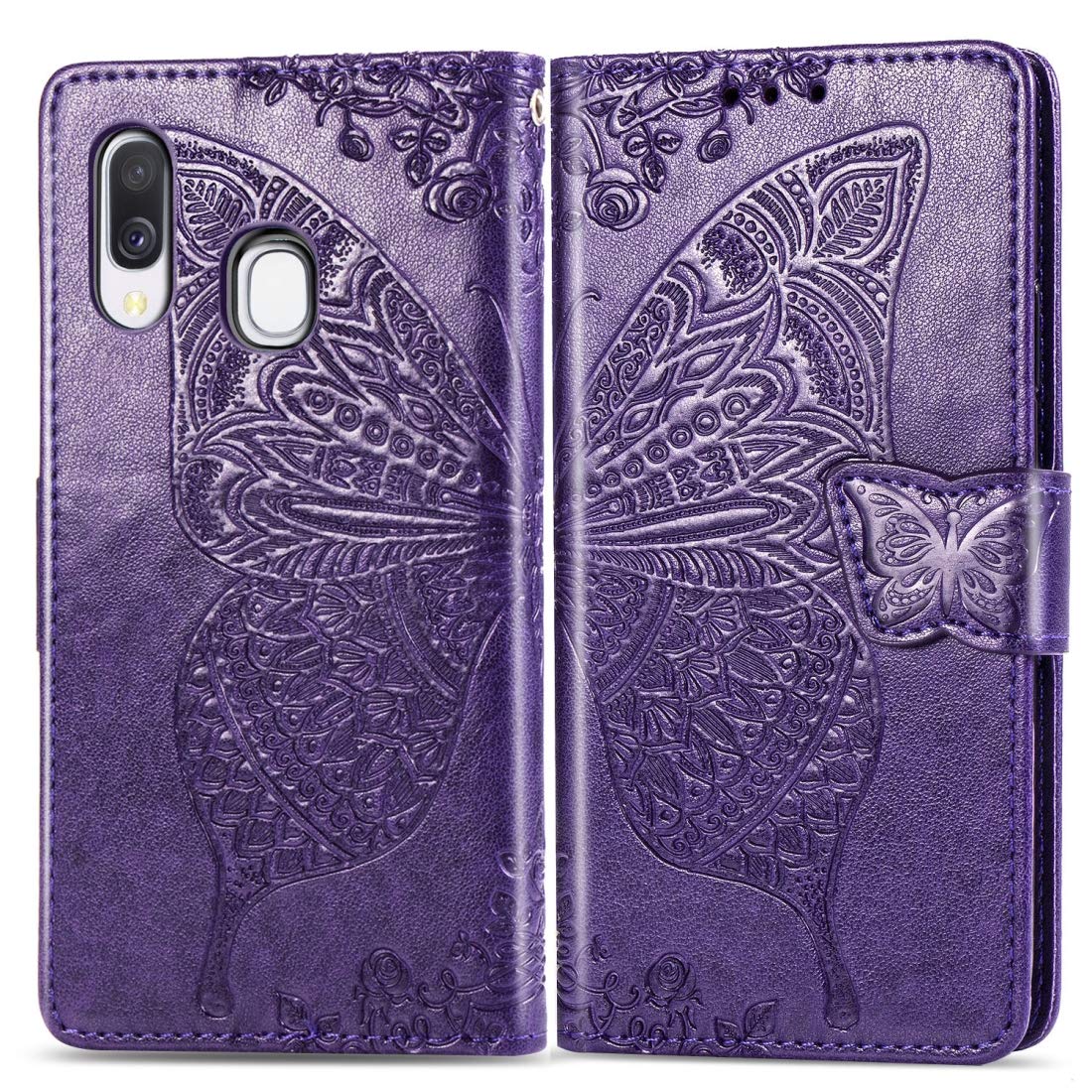 Premium Butterfly Floral Embossed Leather Wallet Phone Case for Samsung Galaxy A40 - Multi-Functional Flip Cover with Card Slots, Stand Holder & Lanyard (Black) | Perfect for Everyday Use, Travel & Business Meetings