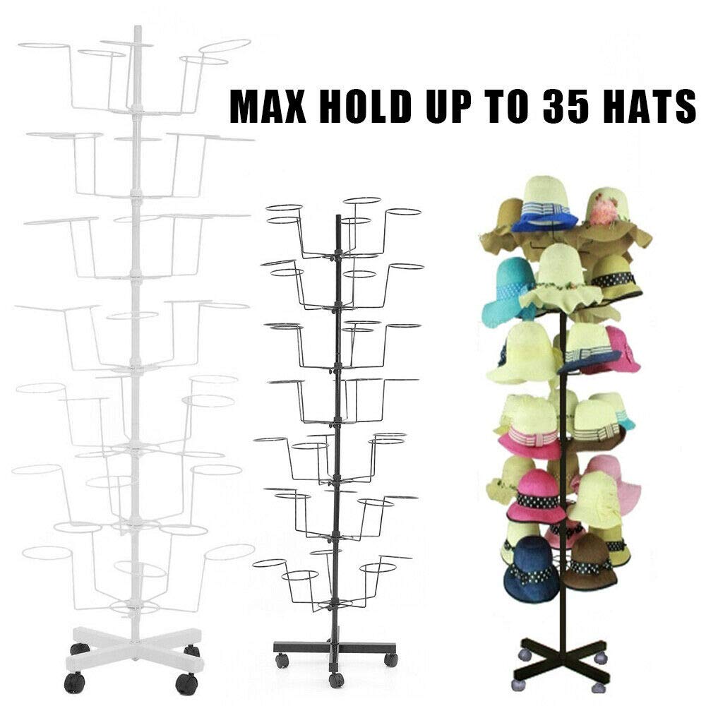 7-Tier Adjustable Rotating Metal Hat Display Stand - 35 Hats Capacity, Multifunctional Cap & Wig Hanger Rack for Retail Stores, Boutiques & Home Organization (Black) - Perfect for Hat Collections, Wig Storage & Retail Displays