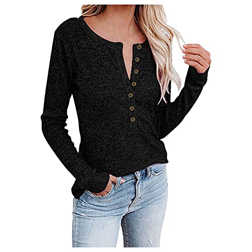 FMCHICO Women's Long Sleeve V-Neck Button Up Blouse - Slim Fit Ribbed Knit Top with Lace Sleeves - Trendy Casual Tunic Shirt for Work, Date Night & Everyday Wear