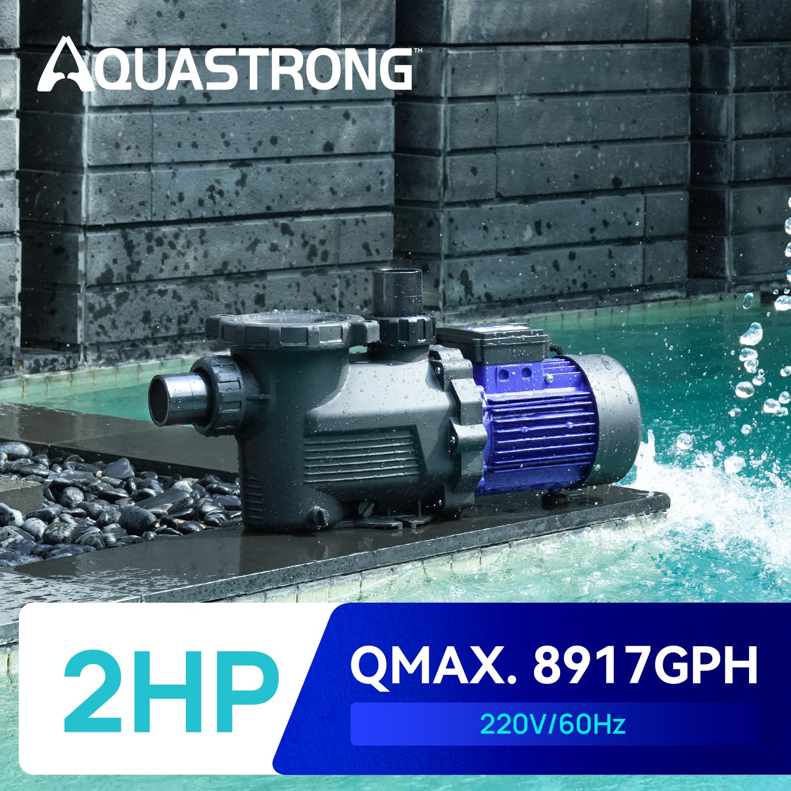 AQUASTRONG High Flow 2HP In-Ground & Above Ground Pool Pump (Single Speed, 8917 GPH, 220V) - Perfect for Large Swimming Pools, Spas, and Water Circulation Systems
