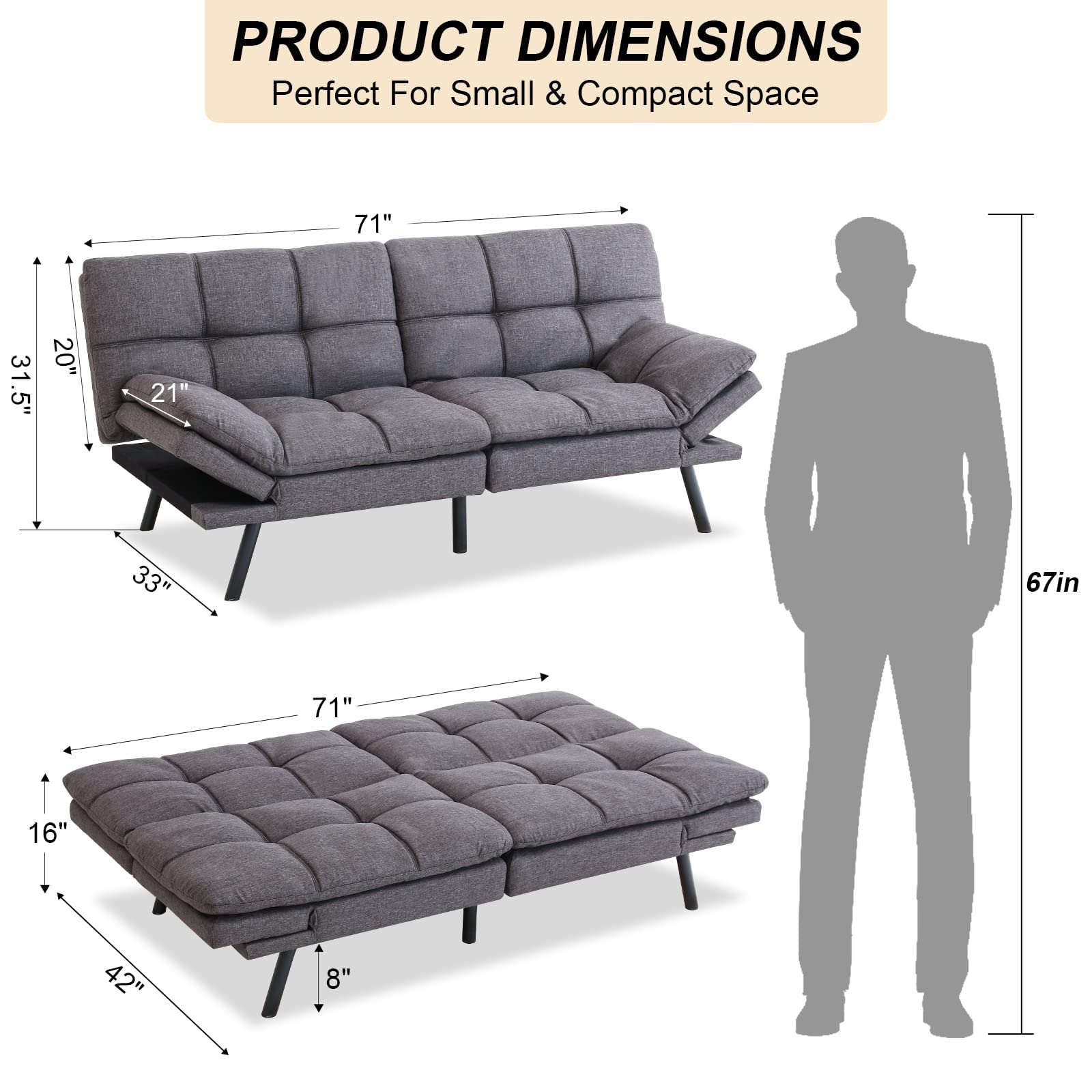 Opoiar Convertible Memory Foam Sleeper Sofa Bed - Adjustable Modern Loveseat & Futon Set for Small Spaces - Grey Sofabed for Compact Living Rooms, Apartments, Dorms & Guest Rooms | Perfect for Studio Apartments, Home Offices & Cozy Movie Nights