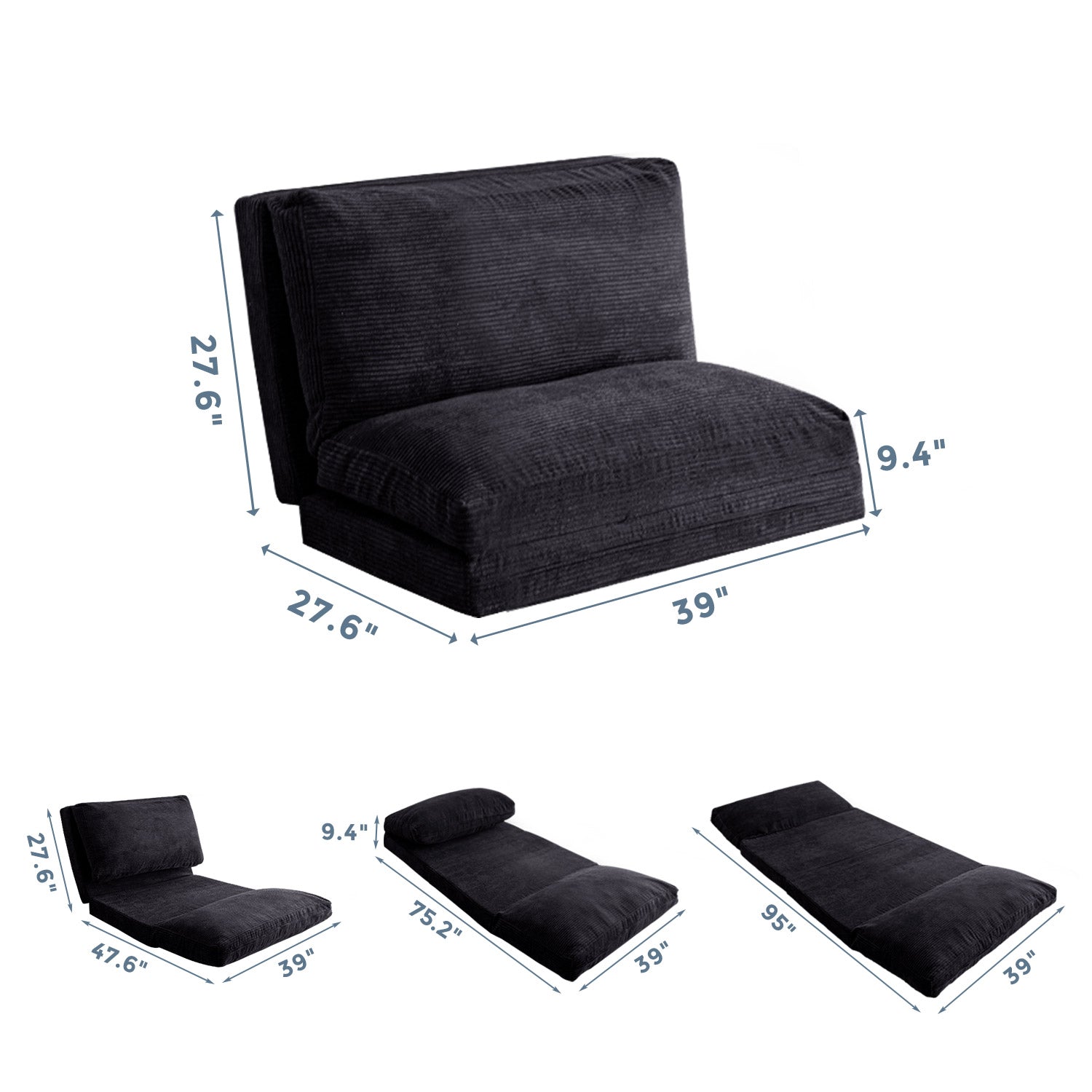 MAXYOYO Corduroy Bean Bag Sofa Bed - Foldable, Washable, Black | Comfortable Lounge Chair for Living Room, Bedroom, Dorm & Game Room