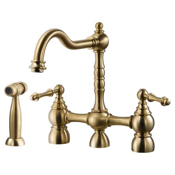 NOBS 4000 BB Brushed Brass Two Handle Bridge Kitchen Faucet with Side Sprayer - Perfect for Farmhouse, Vintage & Modern Style Kitchens