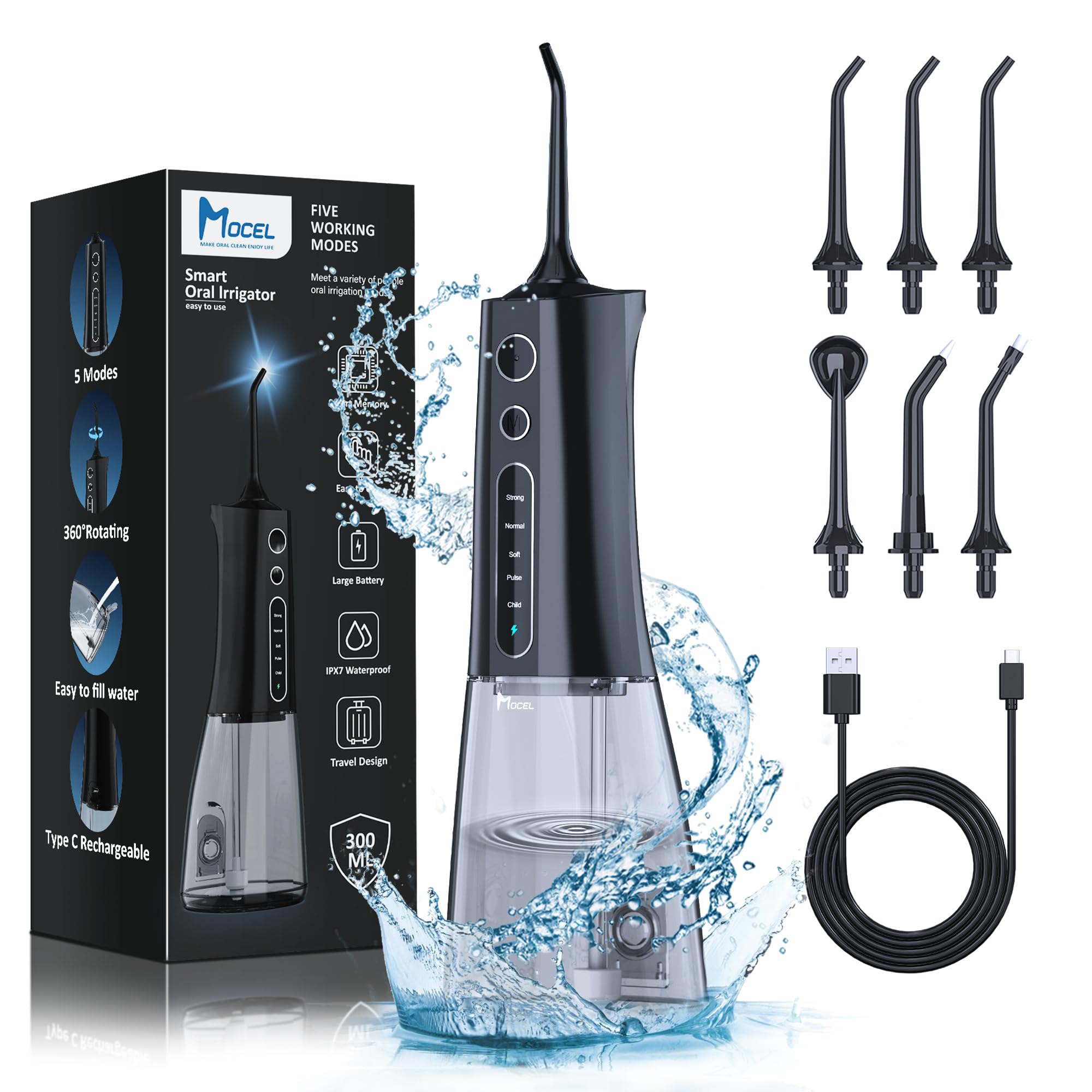 **MOCEL Cordless Water Dental Flosser - 5 Modes Oral Irrigator with 300ML Tank, USB-C Rechargeable & IPX7 Waterproof - Portable Teeth Cleaning Kit for Home & Travel (Black) | Perfect for Braces, Gums & Deep Cleaning**