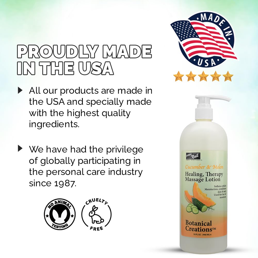 PRO NAIL - Cucumber Melon Healing Therapy Massage Lotion (32 Oz) - Professional Pedicure & Manicure Oil with Natural Oils, Vitamins & Amino Acids - Ideal for Spa, Salon & At-Home Nail Care Treatments