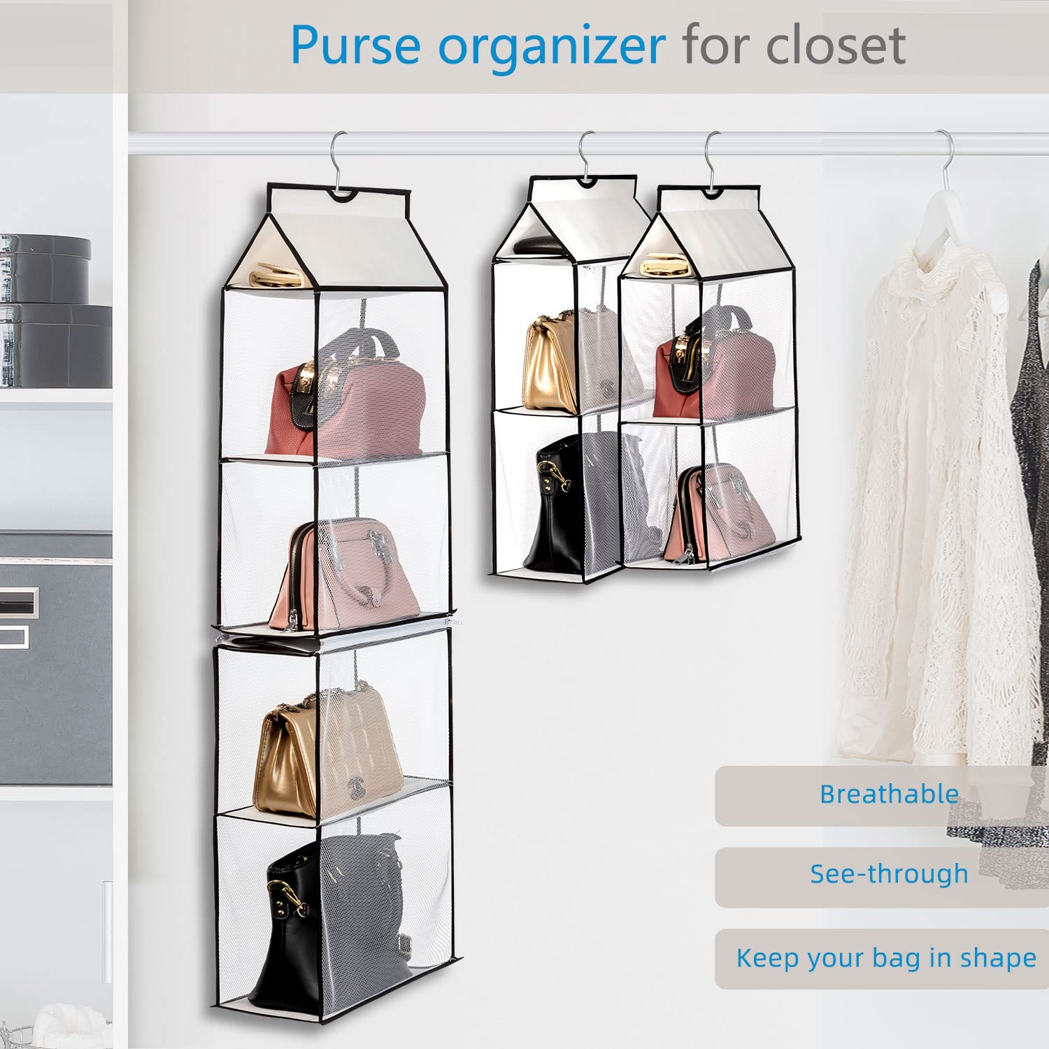 4-Tier Mesh Hanging Purse Organizer for Closet - Space-Saving Handbag Storage Bag with Durable Shelves (White, 2-Pack) - Perfect for Bedroom, Walk-in Closet & Dorm Organization