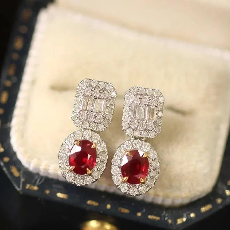 18K White & Yellow Gold Ruby Earrings for Women – Oval T-Square Diamond Jewelry – Perfect for Weddings, Anniversaries & Special Occasions