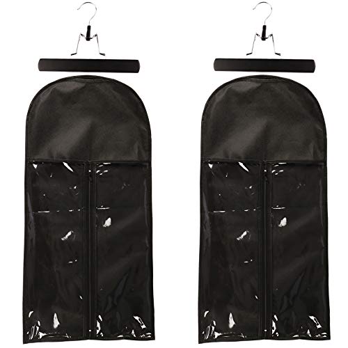 2 PCS Hair Extensions Storage Bags with Wooden Hanger - Dust Proof Portable Wig Organizer, Durable Zipper Closure for Hair Weave & Synthetic Wigs - Perfect for Travel, Salon Storage & Home Organization (Black)