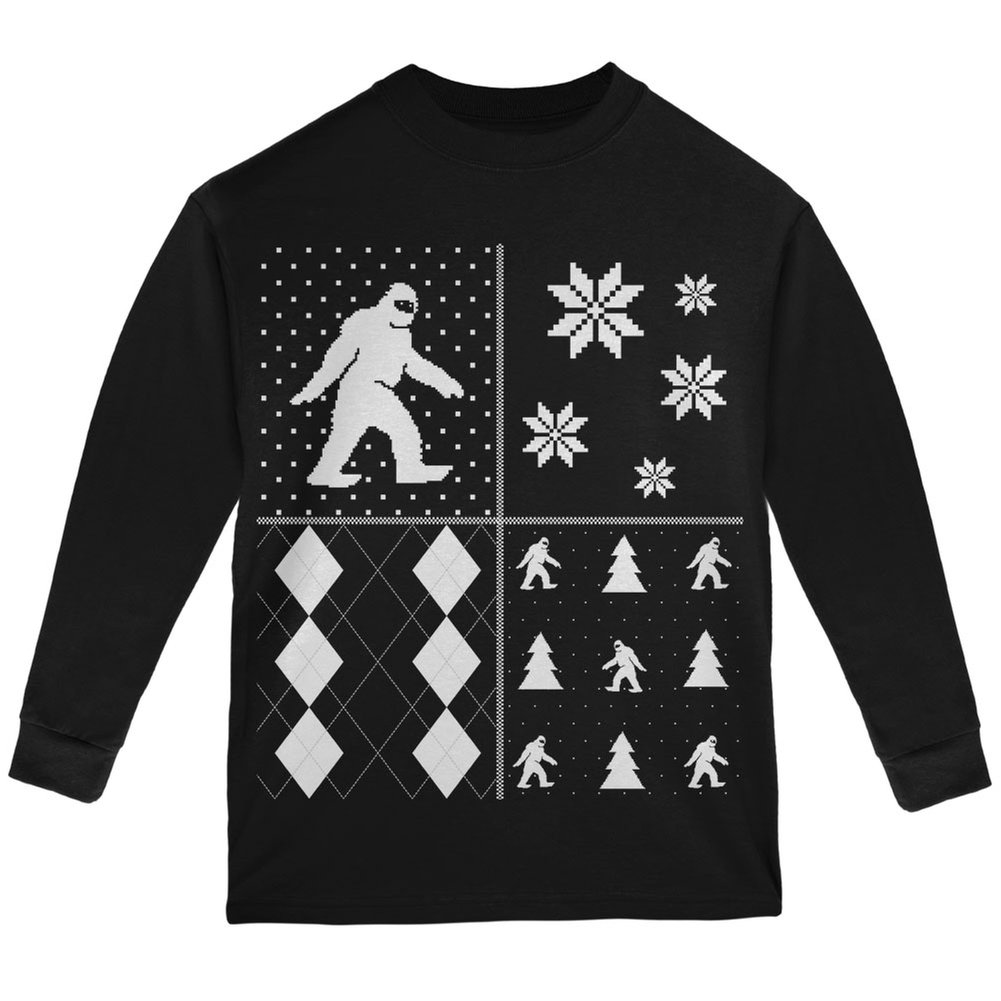 Festive Sasquatch Ugly Christmas Sweater Black Long Sleeve T-Shirt for Youth - Perfect for Holiday Parties & Family Gatherings