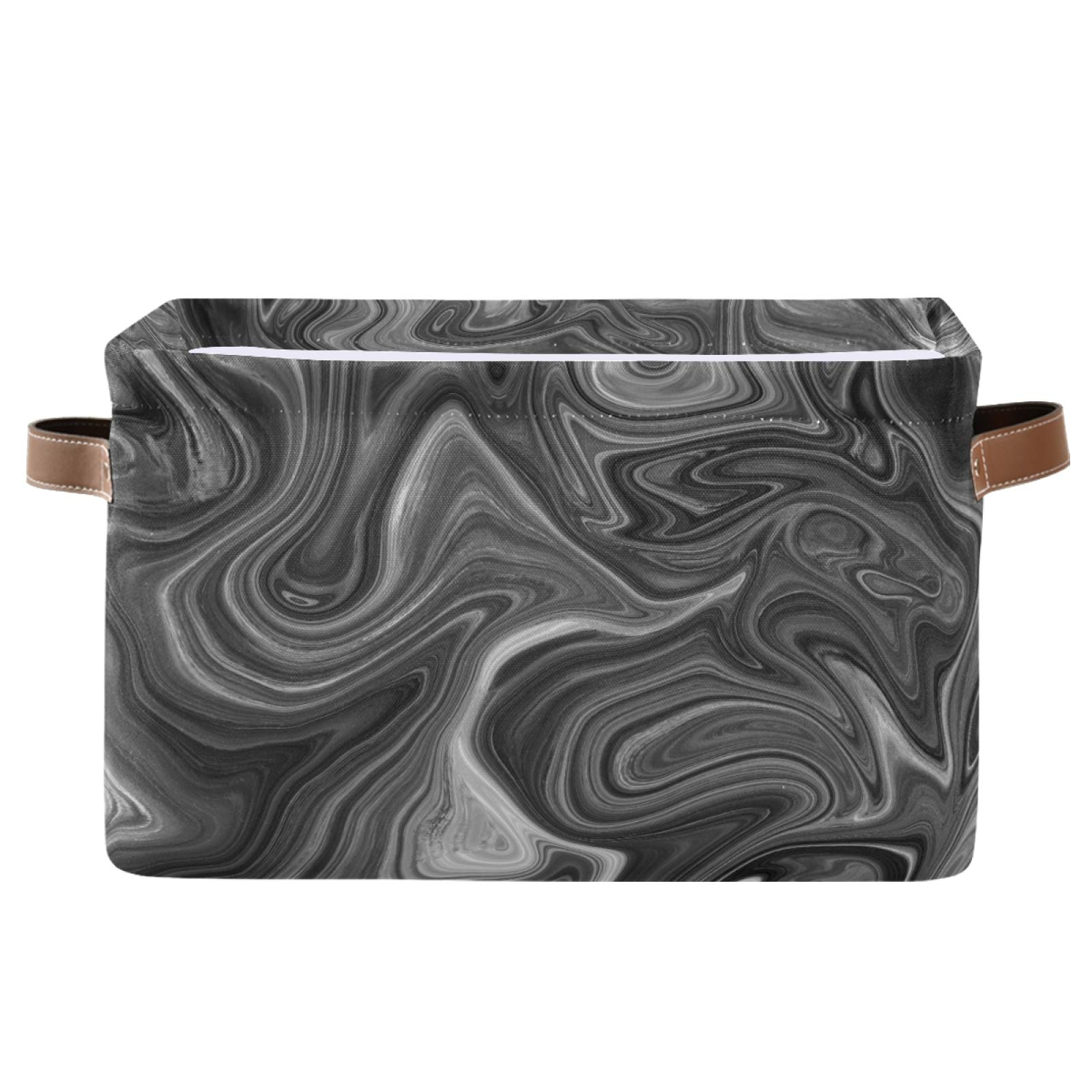 MNSRUU Collapsible Storage Basket - 2 Pack Black Marble Waterproof Organizer with PU Handles | Laundry Hamper, Nursery Storage, Bathroom Organization, Closet Decluttering