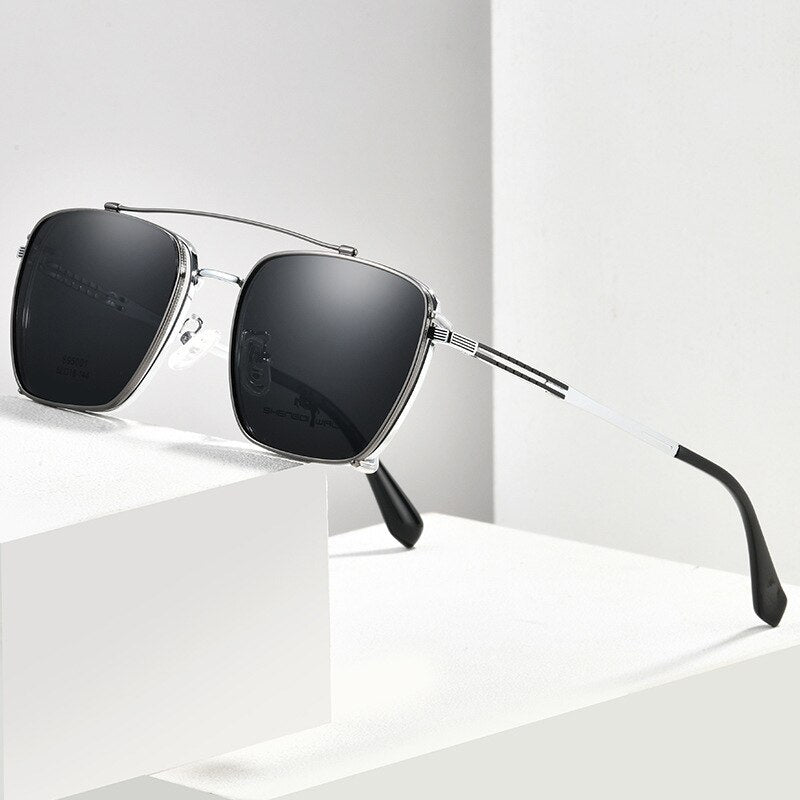 Bclear Men's Full Rim Square Alloy Frame Eyeglasses with Clip-On Polarized Sunglasses - ZT95001 | Stylish UV Protection for Driving, Outdoor & Everyday Wear