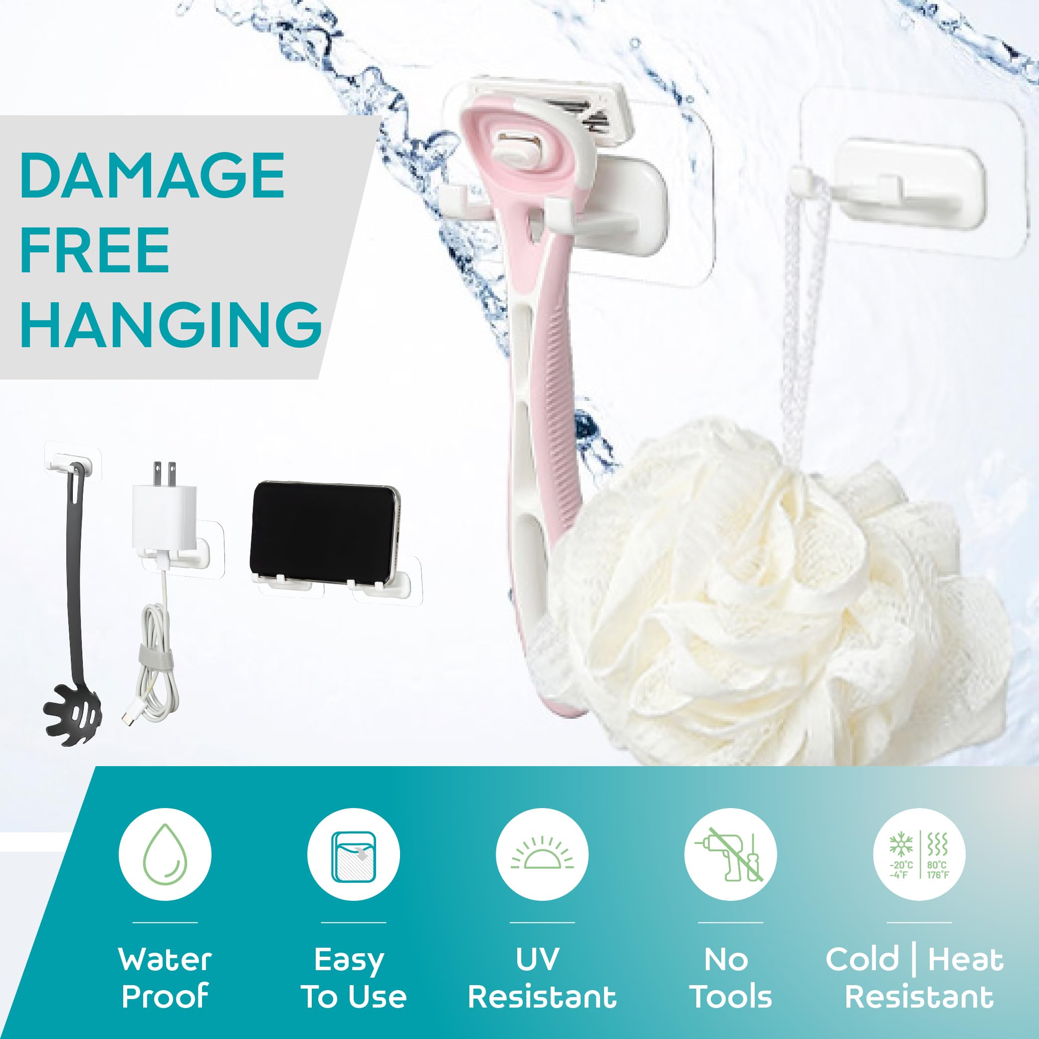 Self-Adhesive Shower Razor Holder - 2 Pack Waterproof Hooks for Bathroom & Kitchen - Removable & Reusable for Towels, Bath Accessories - White - Perfect for Shower Organization & Small Space Storage