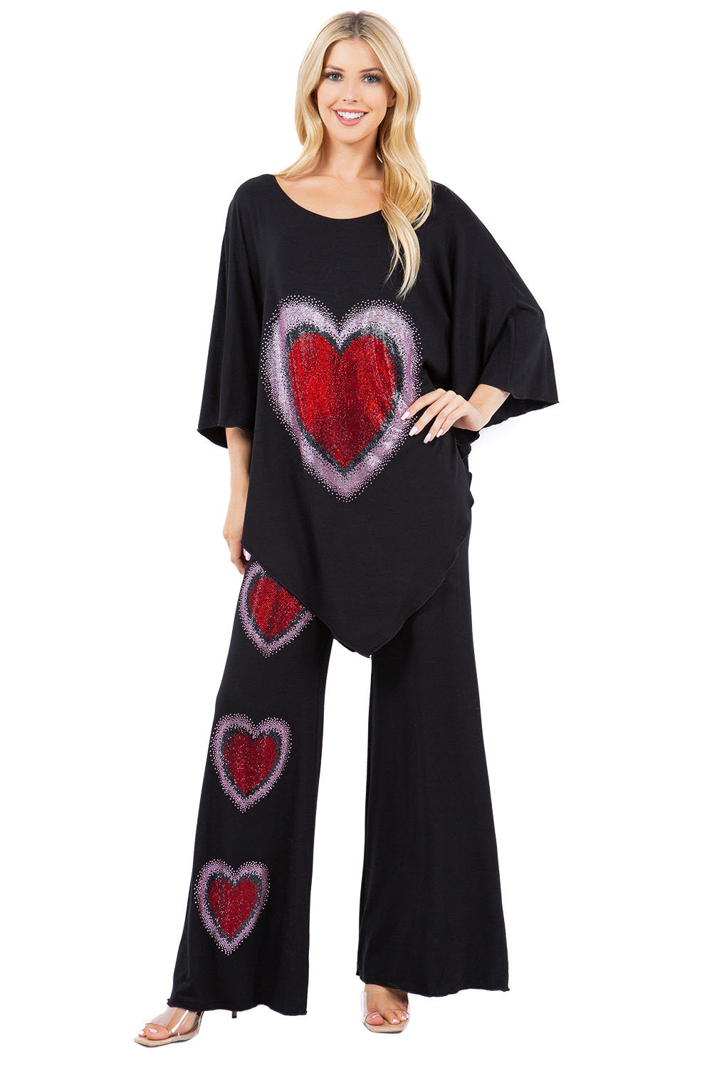 Hearts Rhinestone Embellished Palazzo Set - Women's Sparkly Lounge Pants & Top Outfit for Valentine's Day, Date Night, and Special Occasions