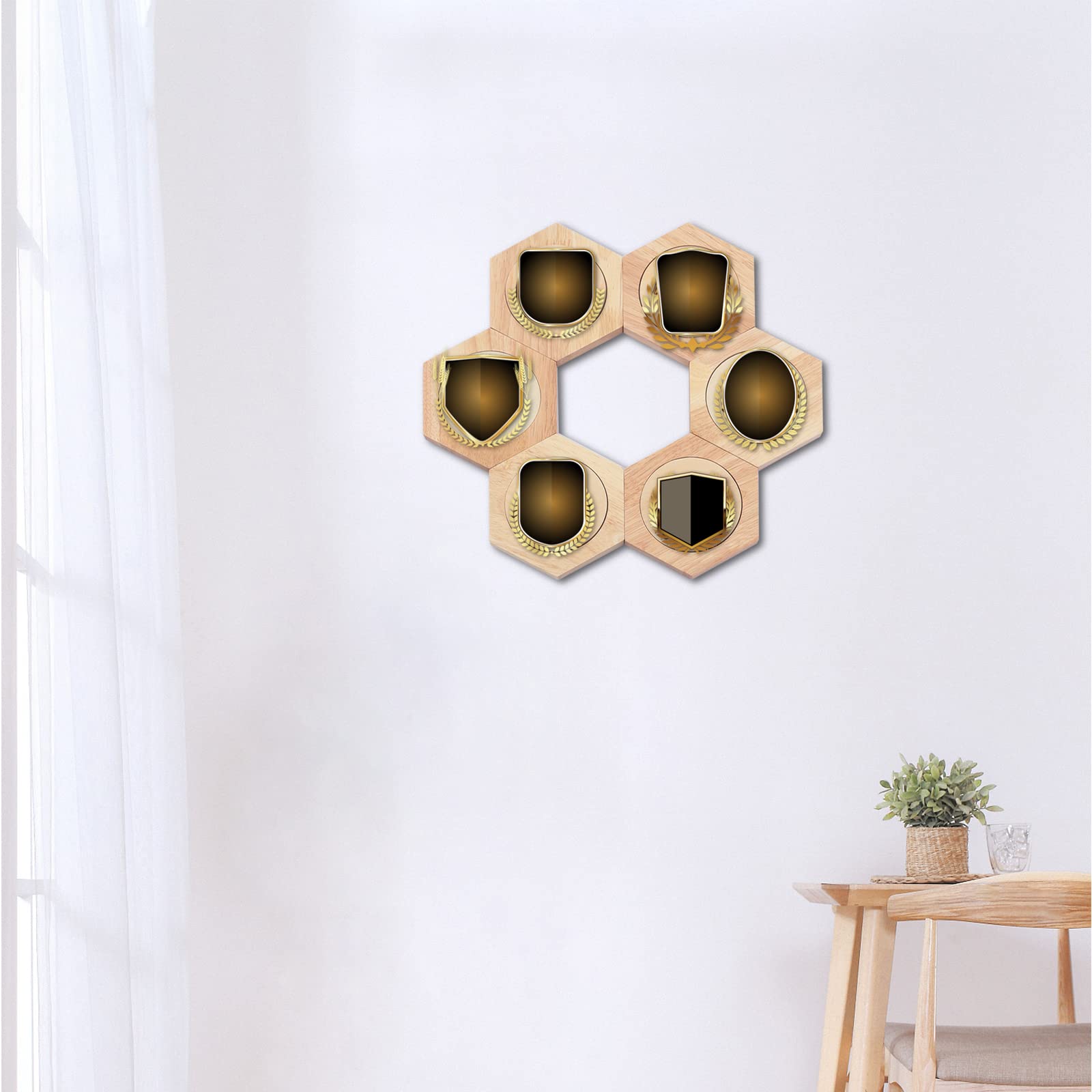 Premium Wooden Hexagon Honeycomb Medal Display Hanger Rack - Sports, Track & Field, Military, Spartan, Race & Marathon Medal Storage Case (6pc) - Perfect for Showcasing Achievements in Home, Office or Trophy Room