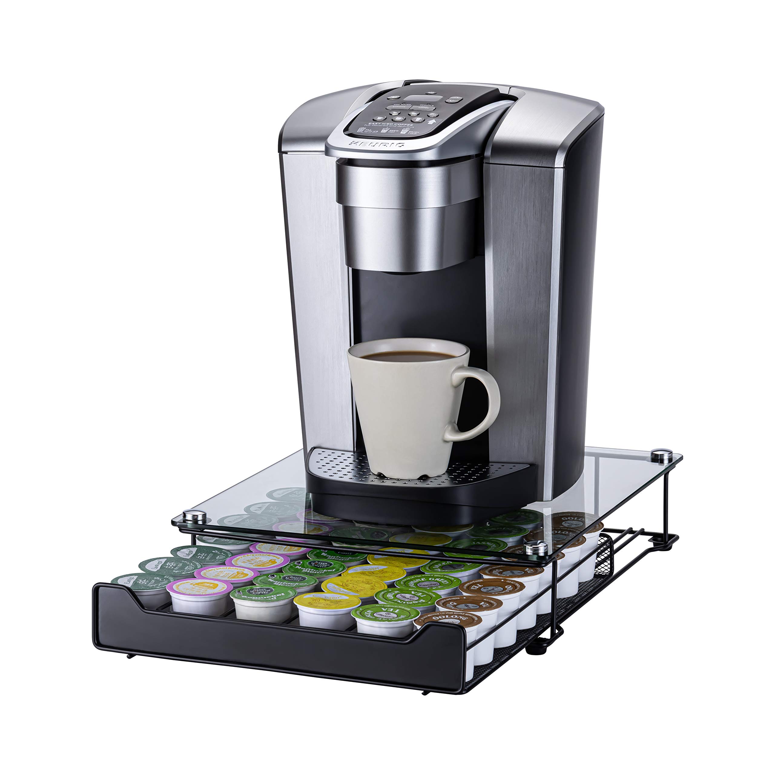 Premium Glass Top K-Cup Storage Organizer - Holds 42 Coffee Pods | Compact Coffee Capsule Drawer for Keurig Machines | Perfect for Kitchen Countertops & Office Coffee Stations
