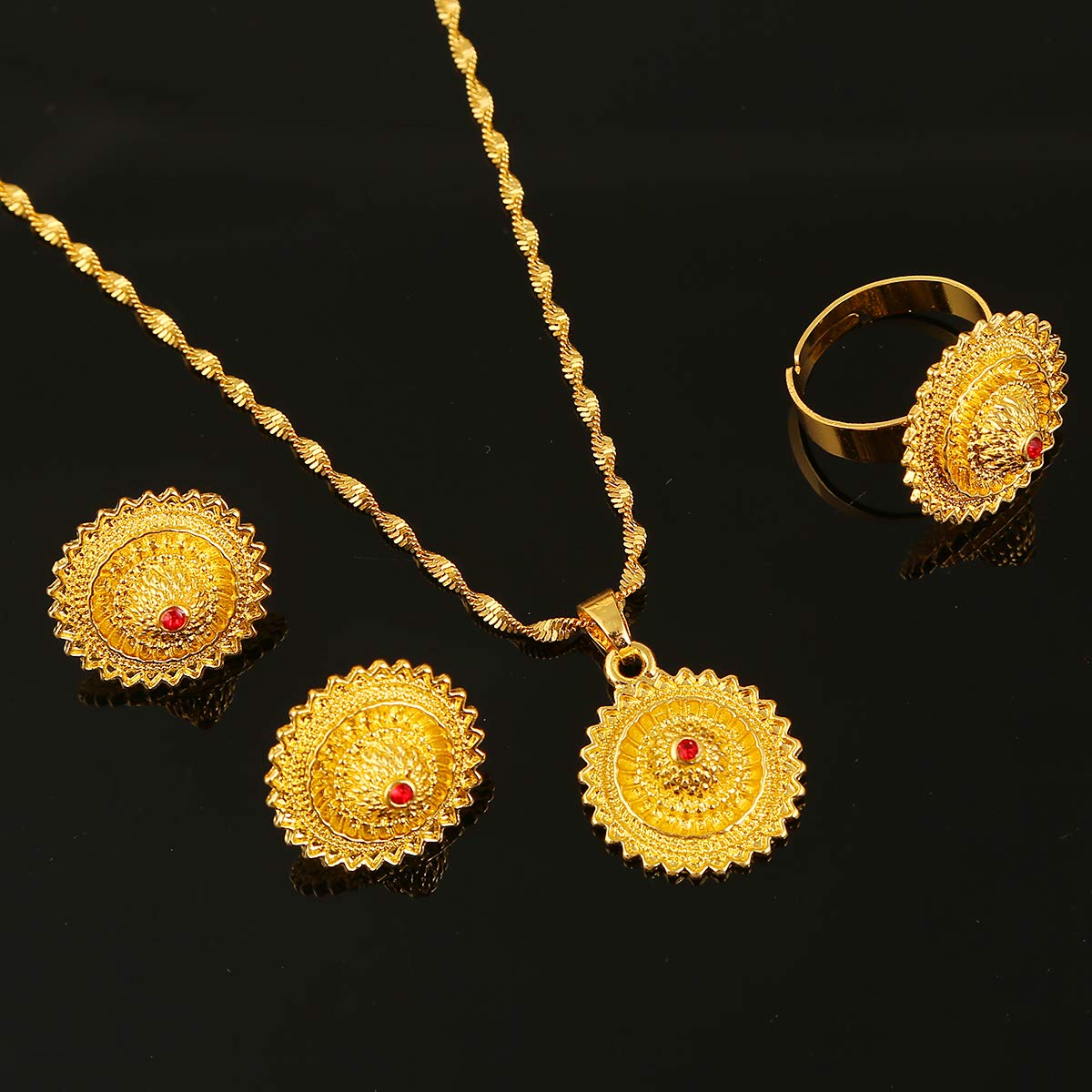 Ethiopian Gold Jewelry Set - Handmade African Habesha Necklace, Earrings & Ring with Genuine Stone | Perfect for Weddings, Parties & Cultural Celebrations