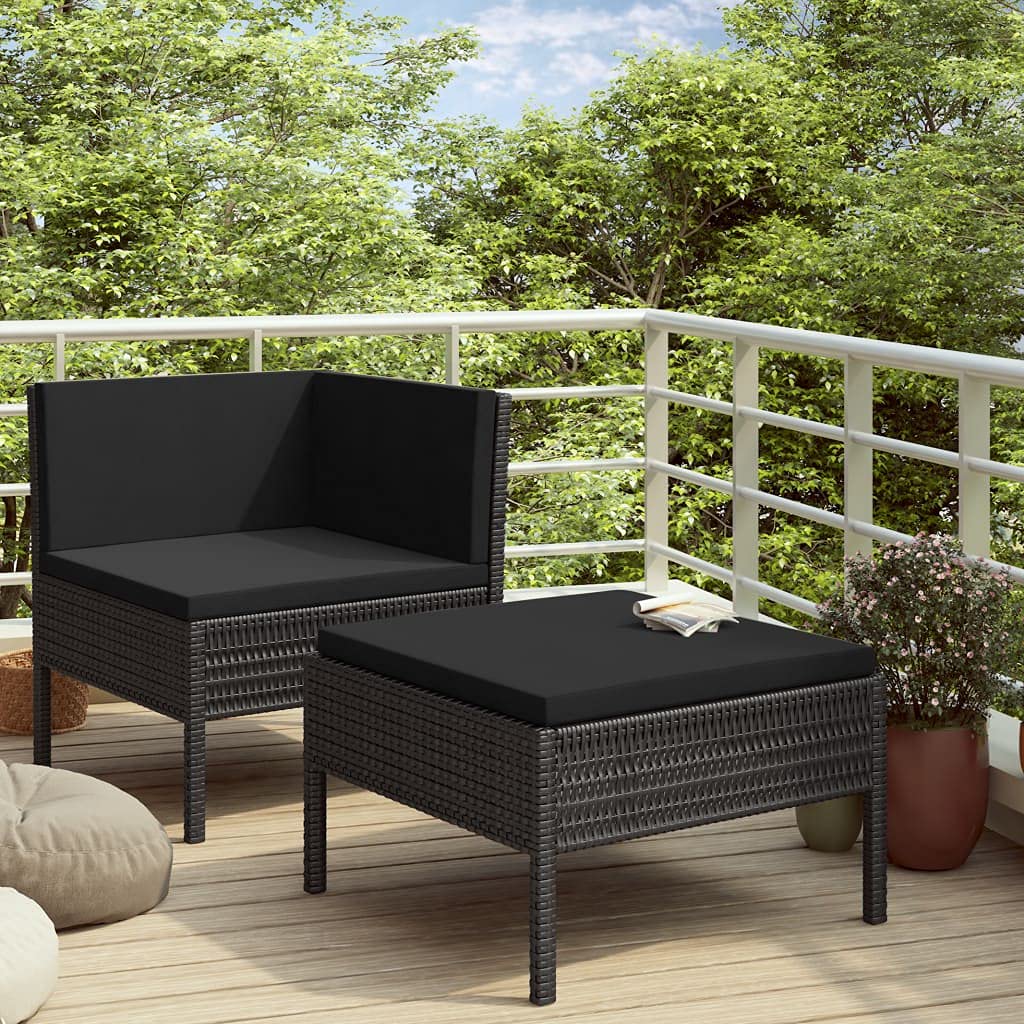 2-Piece Black Poly Rattan Garden Lounge Set with Cushions - Outdoor Patio Furniture, Corner Sofa Conversation Set for Backyard, Poolside, or Balcony Relaxation