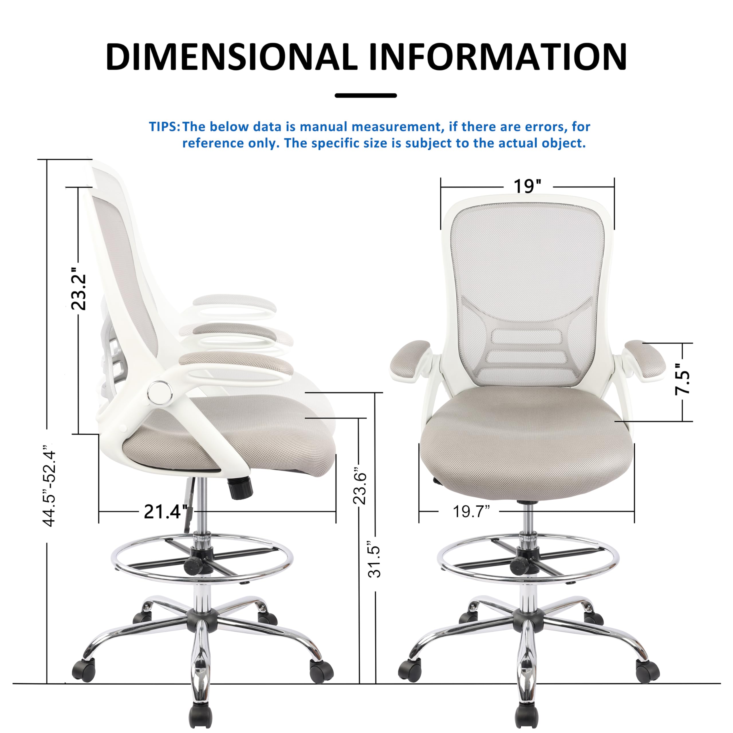 HYLONE Adjustable Drafting Chair - Ergonomic Tall Office Chair with Flip-Up Arms, Mesh High Back & Foot Ring for Standing Desks - White & Grey - Perfect for Architects, Artists & Home Office Workspaces