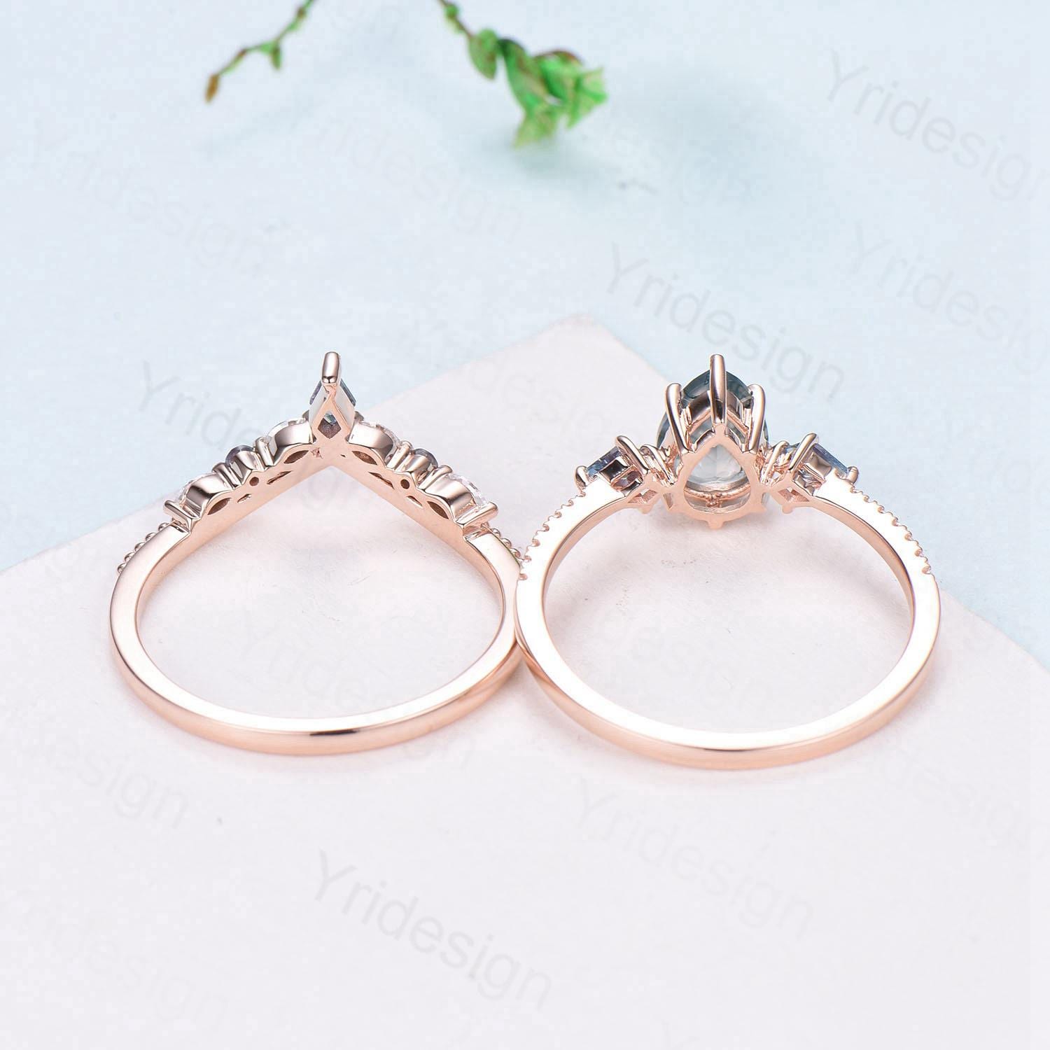 1.25 Carat Pear Shaped Natural Green Moss Agate Engagement Ring Set in Vintage 14k Rose Gold with Milgrain Detailing - Elegant Kite Agate Bridal Ring Set for Women - Perfect for Proposals, Weddings & Anniversary Gifts