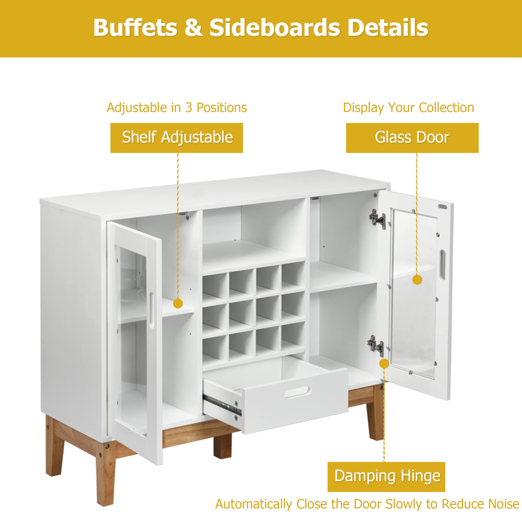 White Sideboard Buffet Cabinet with Removable Wine Rack, Glass Doors & Wood Accent - Storage Console Table with Open Shelf & Drawer for Living Room, Entryway, Dining Room - Perfect for Home Organization & Entertaining Guests