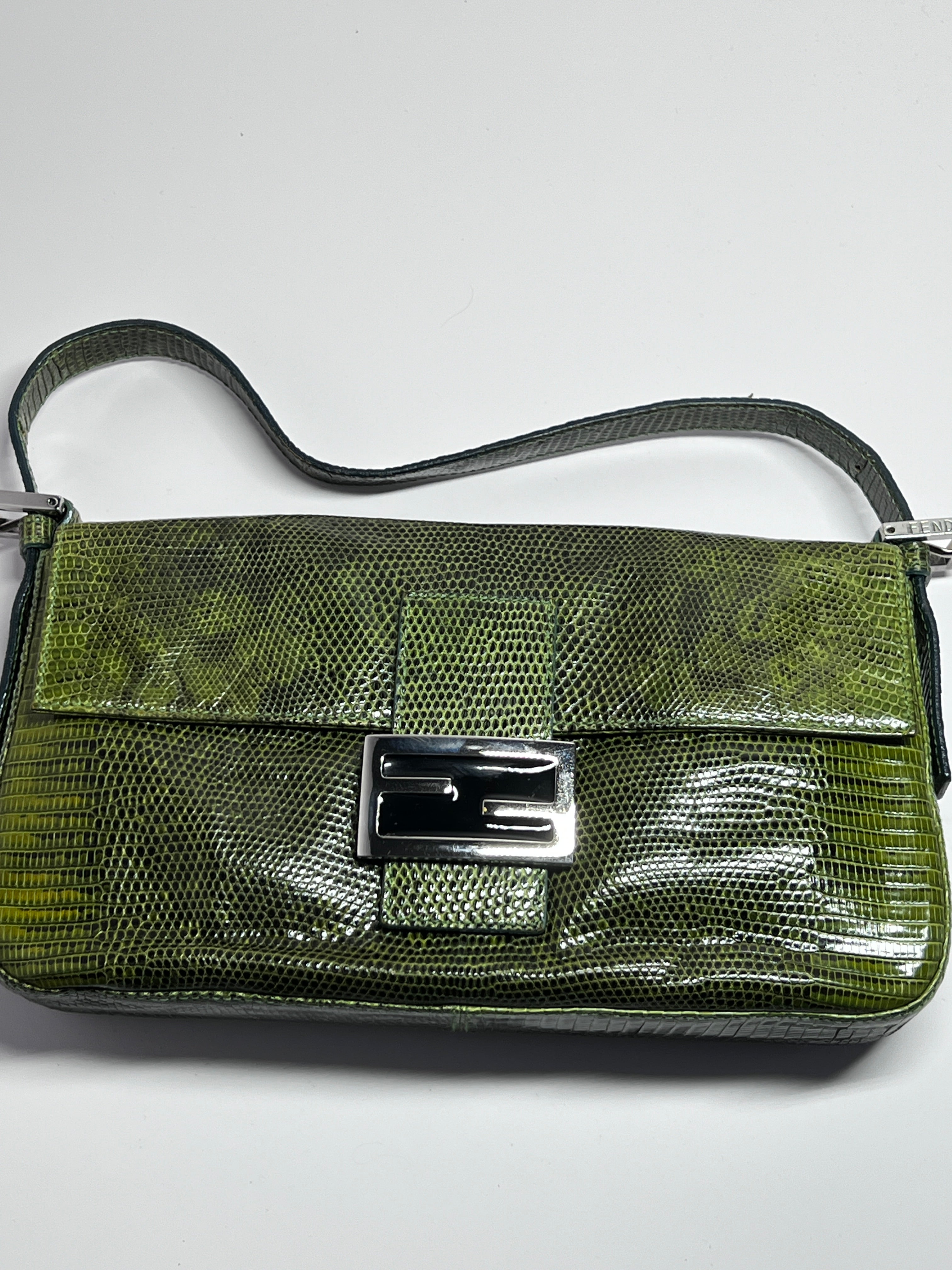 Authentic Vintage Fendi Green Lizard Skin Baguette Handbag - Luxury Designer Crossbody Purse for Women, Perfect for Evening Parties & Special Occasions