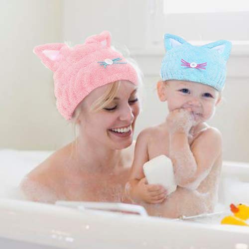 2Pcs Kids Microfiber Quick Drying Hair Towel Wrap with Cute Ears - Soft Absorbent Bath Turban Cap for Girls, Lightweight Hair Dry Hat & Headscarf (Blue & Pink) - Perfect for Post-Shower, Swimming & Spa Days