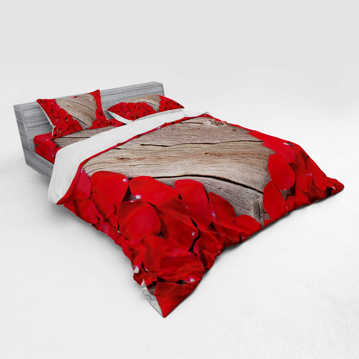 Ambesonne Rose Duvet Cover Set - Vibrant Red Rose Petals Heart Design on Wood Planks, 4-Piece King Size Bedding Set with Shams & Fitted Sheet in Vermilion Cocoa | Romantic Bedroom Decor for Couples, Valentine's Gift, Master Bedroom Upgrade