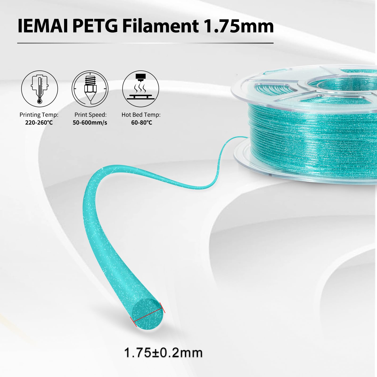 Premium IEMAI Clear PETG Filament 1.75mm - Transparent Glitter Light Blue 3D Printer Filament | High-Speed Printing Up to 600mm/s | 1kg Spool for Artistic Creations, Home Decor & DIY Projects | Perfect for Cosplay Props, Vases & Custom Gifts