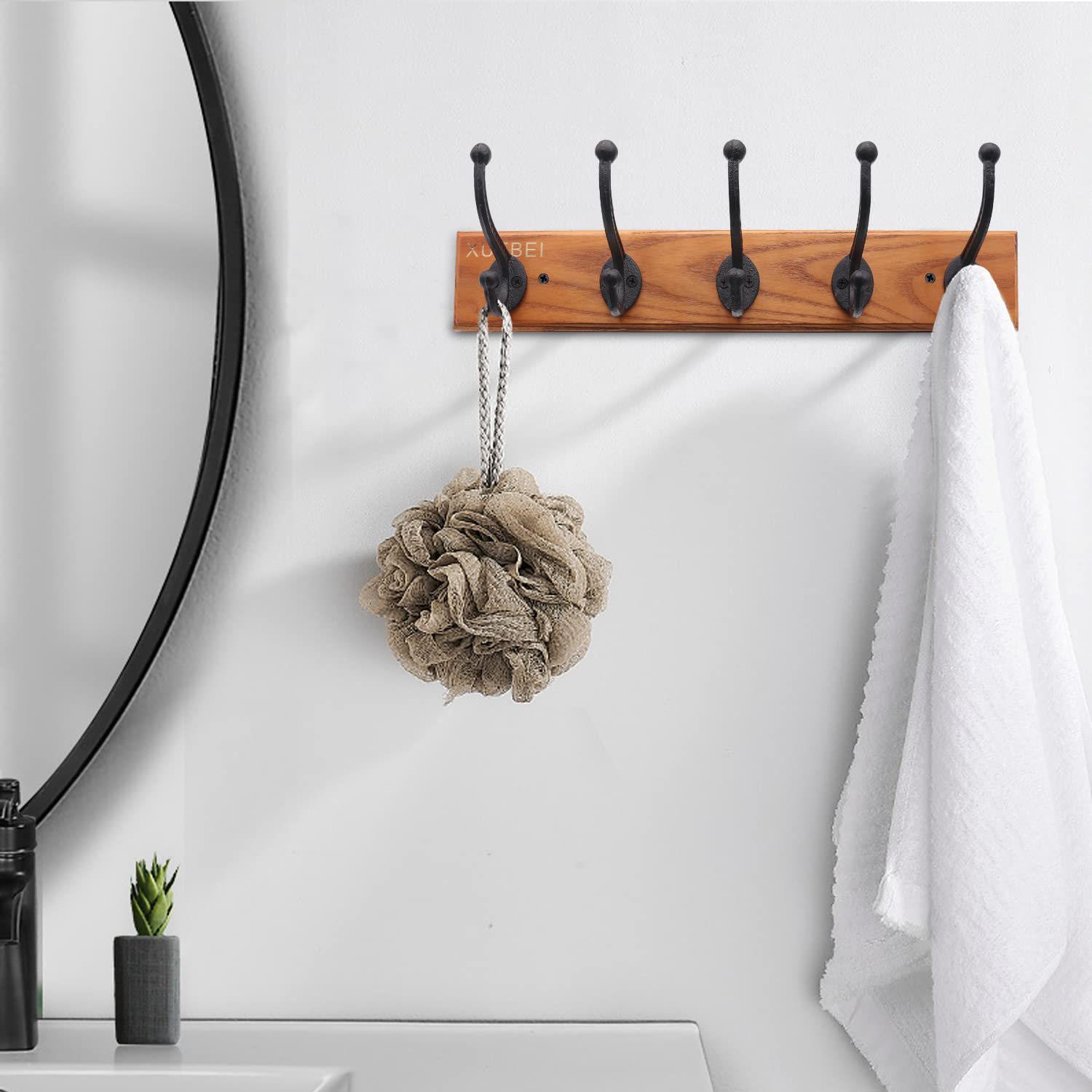 Rustic Black Cast Iron Coat Hooks - Heavy Duty 5-Hook Wall Mounted Coat Rack with Ash Wood Base for Entryway, Bedroom & Bathroom - Perfect for Hanging Coats, Bags, Hats, Towels & More | Farmhouse Style Home Decor