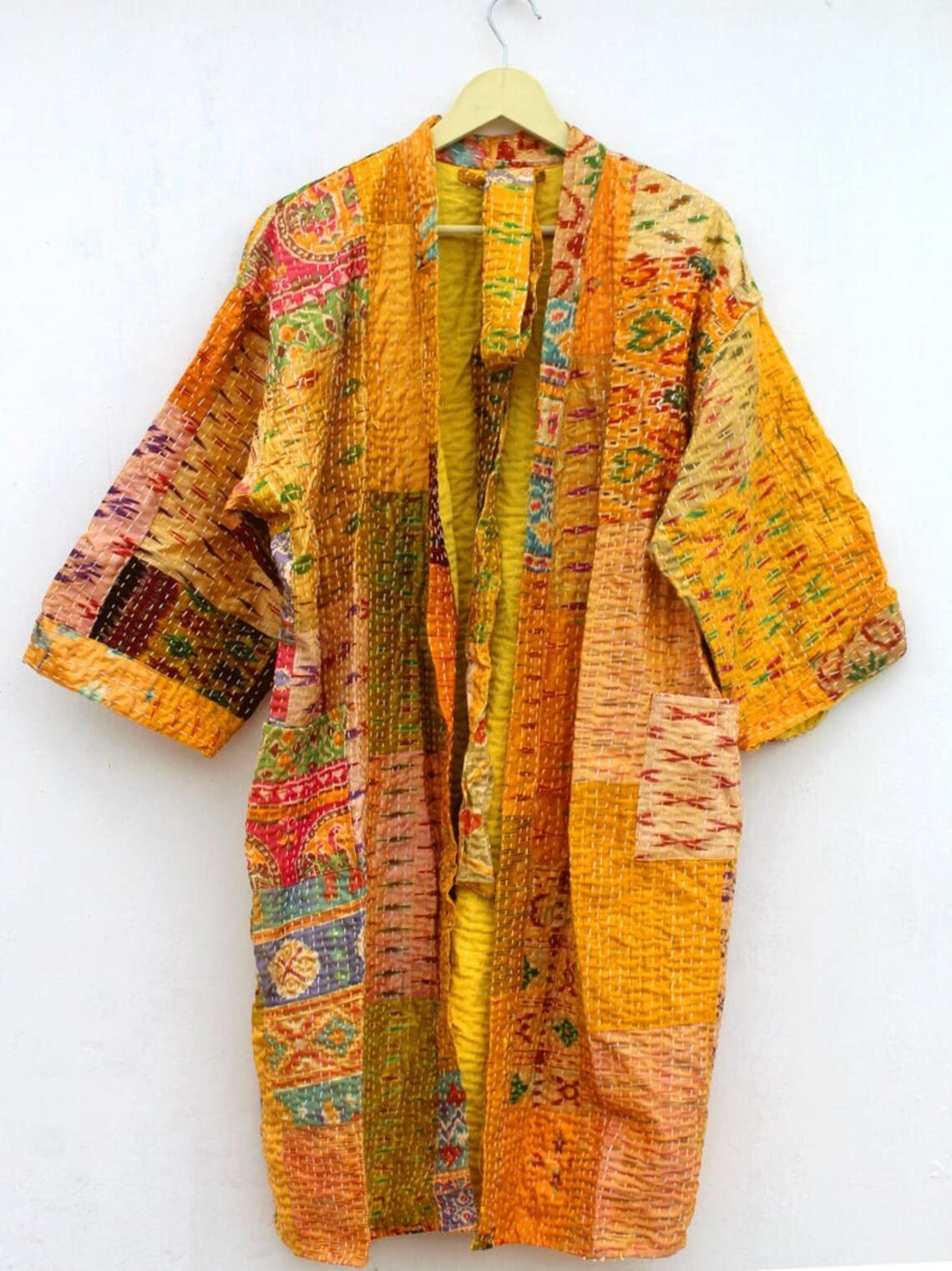 Rajbhoomi Women's Handmade Silk Patola Kantha Quilted Kimono Robe - Elegant Patchwork Overcoat Jacket for Lounge Wear & Special Occasions