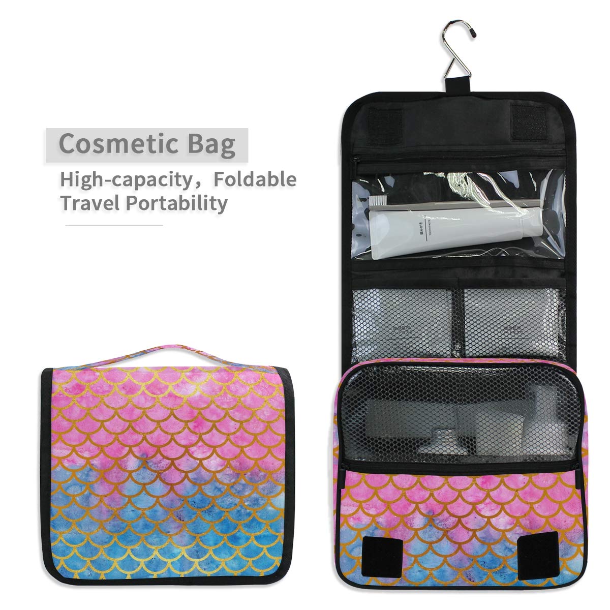 AGONA Hanging Toiletry Bag - Watercolor Mermaid Scales Design, Gold & Pink Travel Cosmetic Organizer for Women & Men | Portable Makeup Pouch with Sturdy Hook | Perfect for Bathroom, Gym, Camping & Vacation Trips