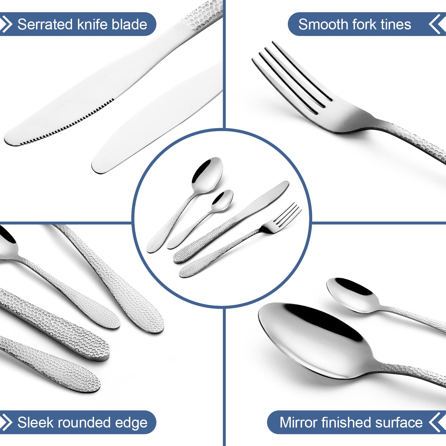 16-Piece Premium Stainless Steel Flatware Set with Hammered Pattern - Knife, Fork & Spoon Set for 4 - Dishwasher Safe Silverware for Dining, Kitchen & Entertaining - Elegant Tableware for Restaurants, Weddings & Dinner Parties