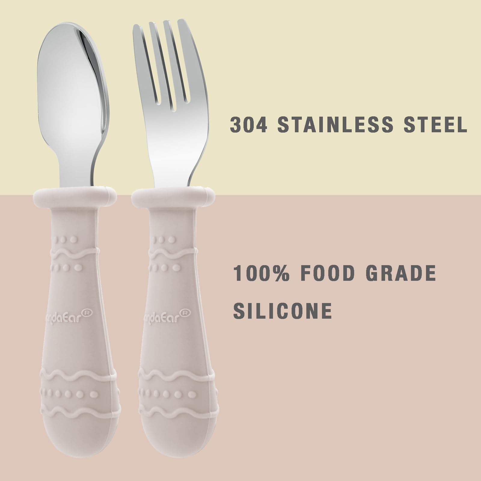 PandaEar Toddler Utensils Set - 6 Pack Kids Spoons and Forks, 18/8 Stainless Steel with Food Grade Silicone Handle, Dishwasher Safe Baby Silverware (Light Tan/Walnut/Blue) - Perfect for Home, Travel, and Daycare Use