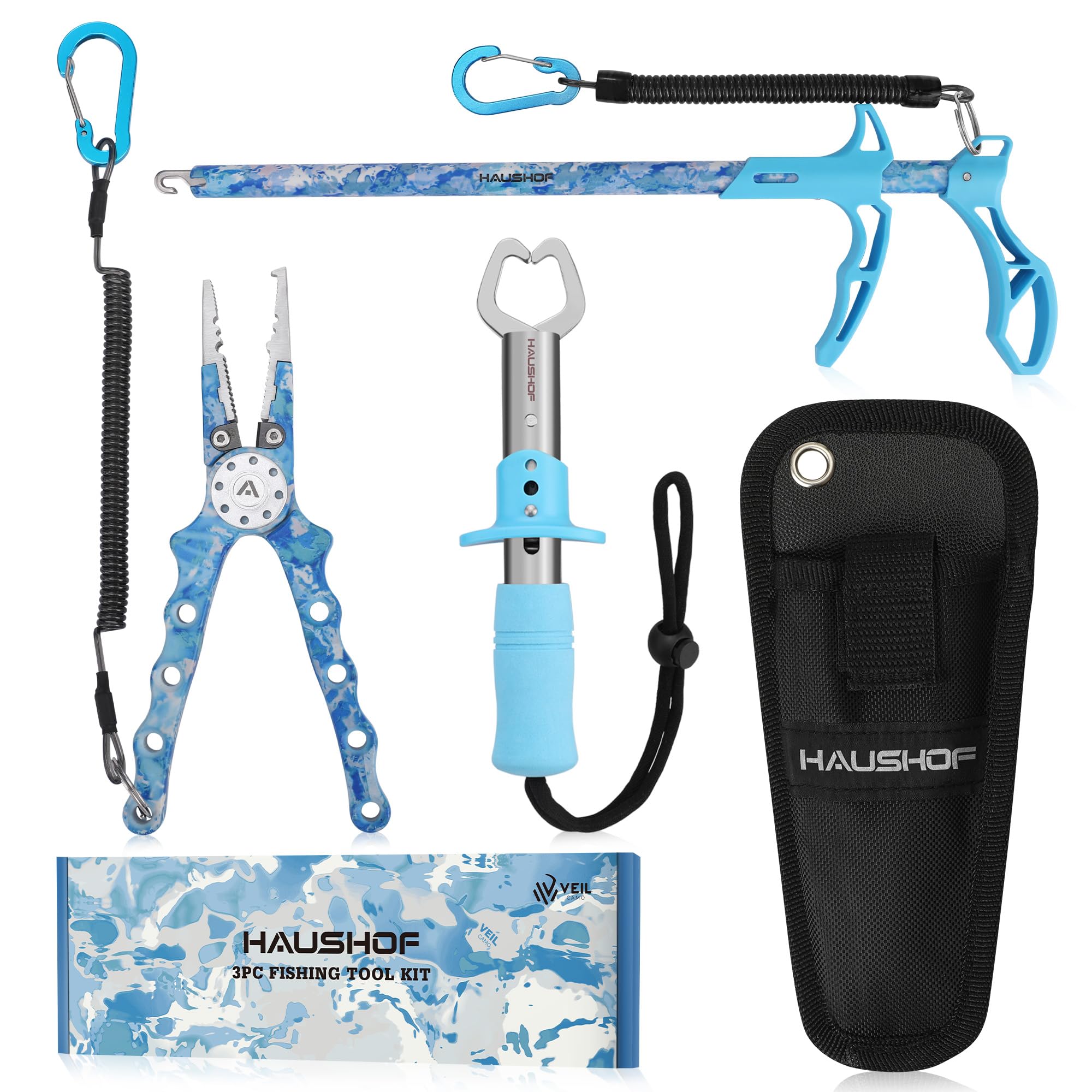 HAUSHOF 3-Piece Camo Fishing Tool Kit - Fishing Pliers with Sheath, Fish Lip Gripper & Aluminum Hook Remover - Saltwater Resistant Fishing Gear for Fly Fishing, Bass, Trout - Perfect Gift for Men & Women Anglers (Great for Camping, Boating & Outdoor Adventures)