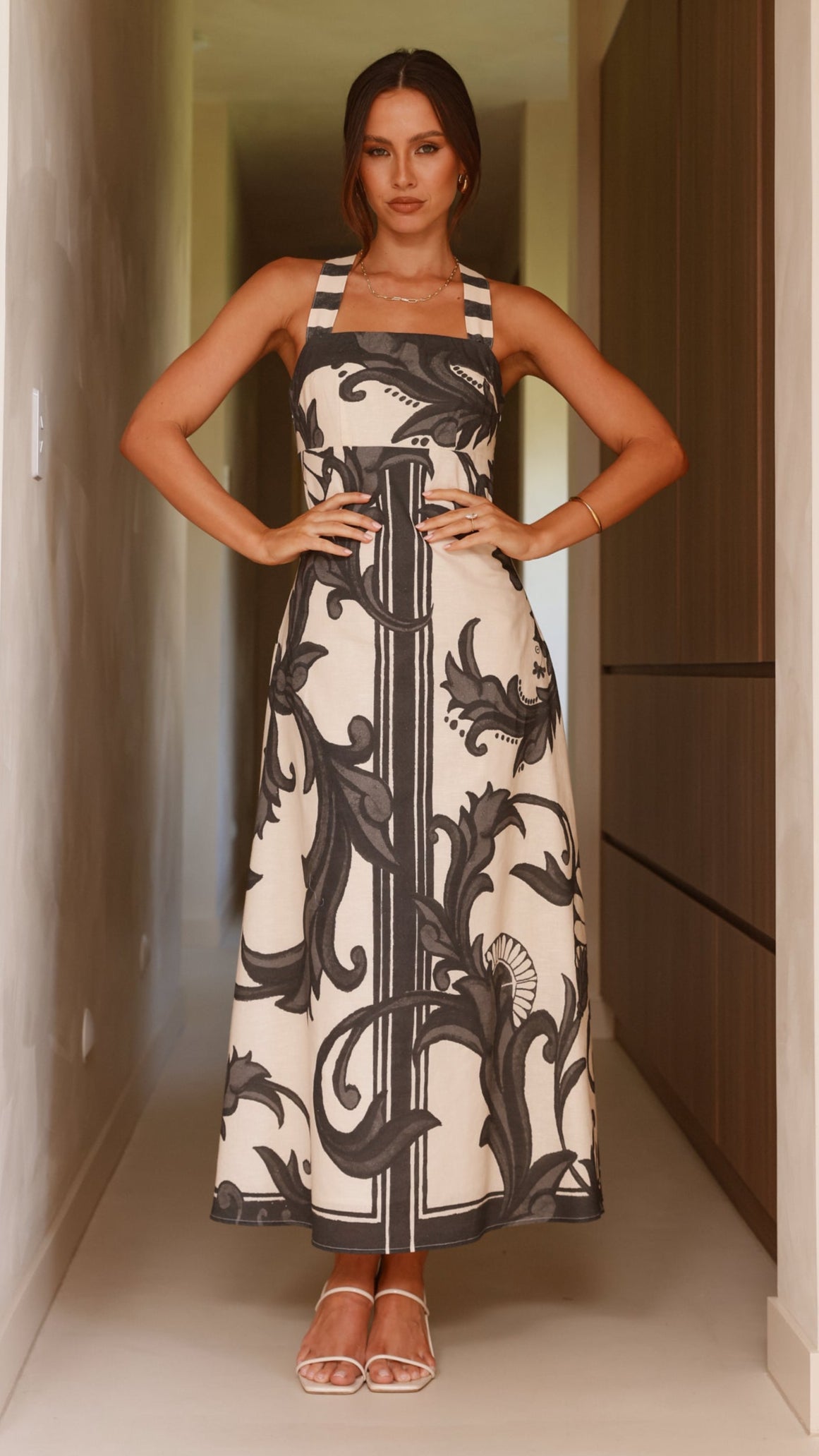 Mandy Maxi Dress for Women - Elegant Cream & Black Flowy Long Dress - Perfect for Summer, Beach, Parties & Casual Wear