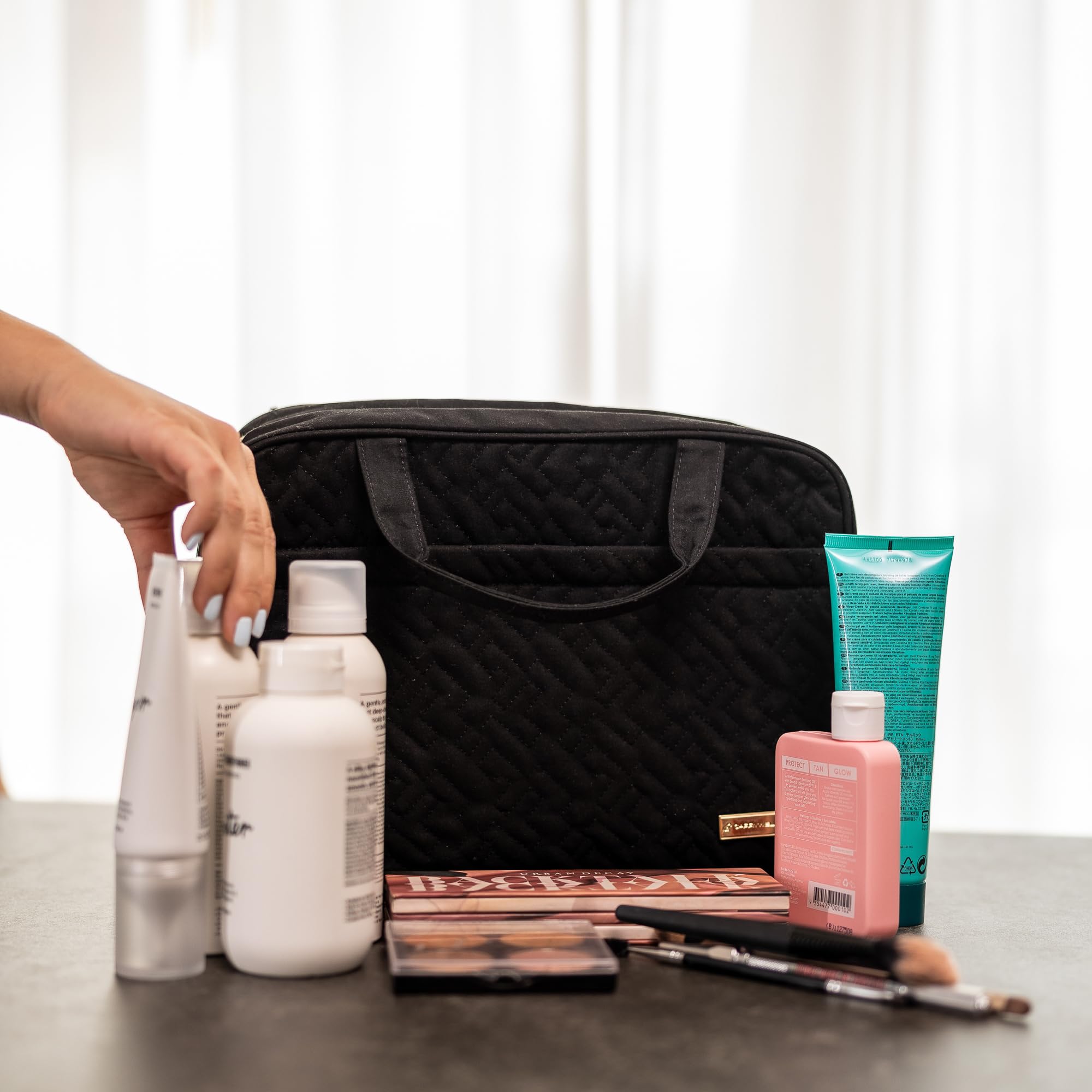 Carrywell Hanging Toiletry Bag for Women - Water-Resistant Travel Cosmetic Organizer with Makeup Brush Holder - Perfect for Vacation, Gym & Business Trips (Black, Medium Size)