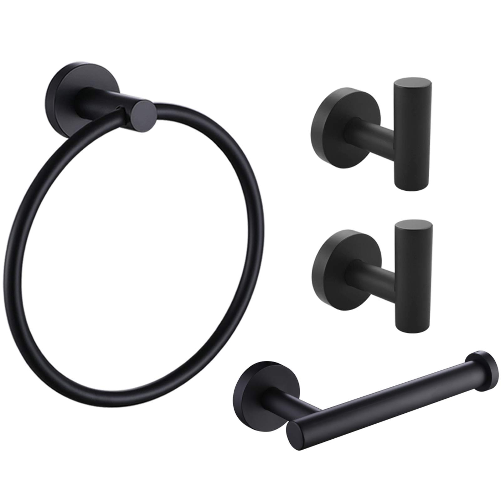 APLusee 4-Piece Matte Black Bathroom Accessories Set - Hand Towel Holder, Toilet Paper Holder & 2 Utility Hooks - Modern Stainless Steel Wall-Mounted Fixtures for Bathroom, Toilet & Powder Room Organization