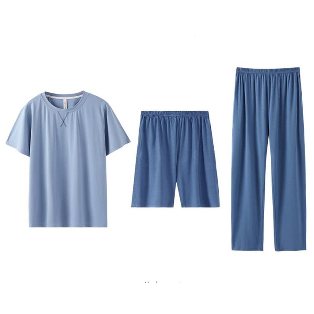 Men's Summer Modal 3-Piece Pajama Set - Breathable Short Sleeve Shirt & Shorts - Lightweight Homewear Lounge Wear for Sleep & Relaxation (Color A, Size L)