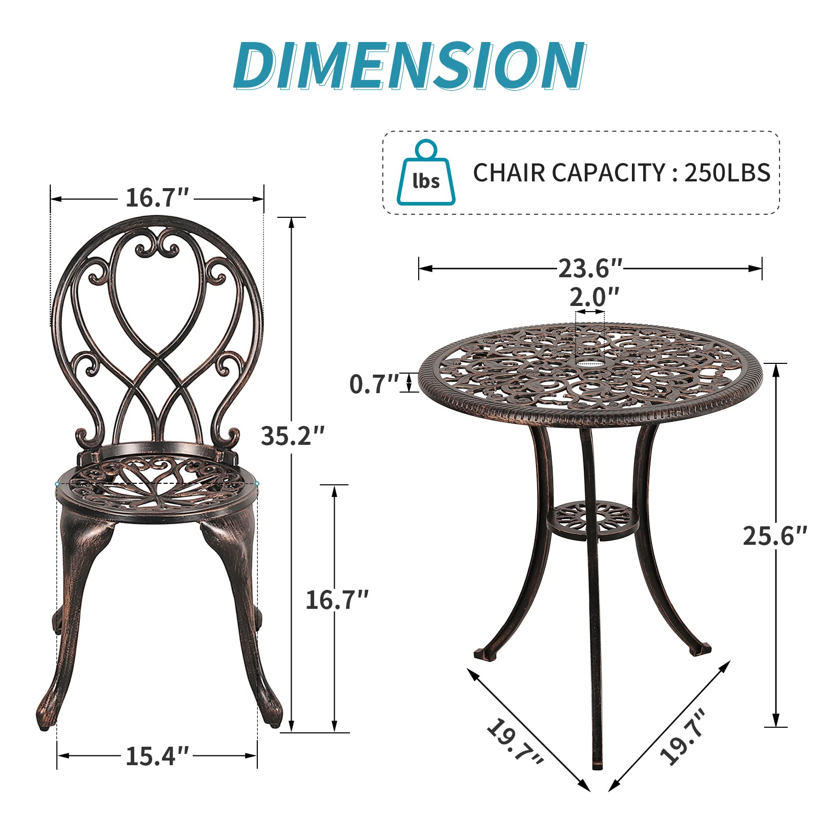 Verano Garden 3-Piece Outdoor Bistro Set - Durable Cast Aluminum Patio Table & Chairs with 2