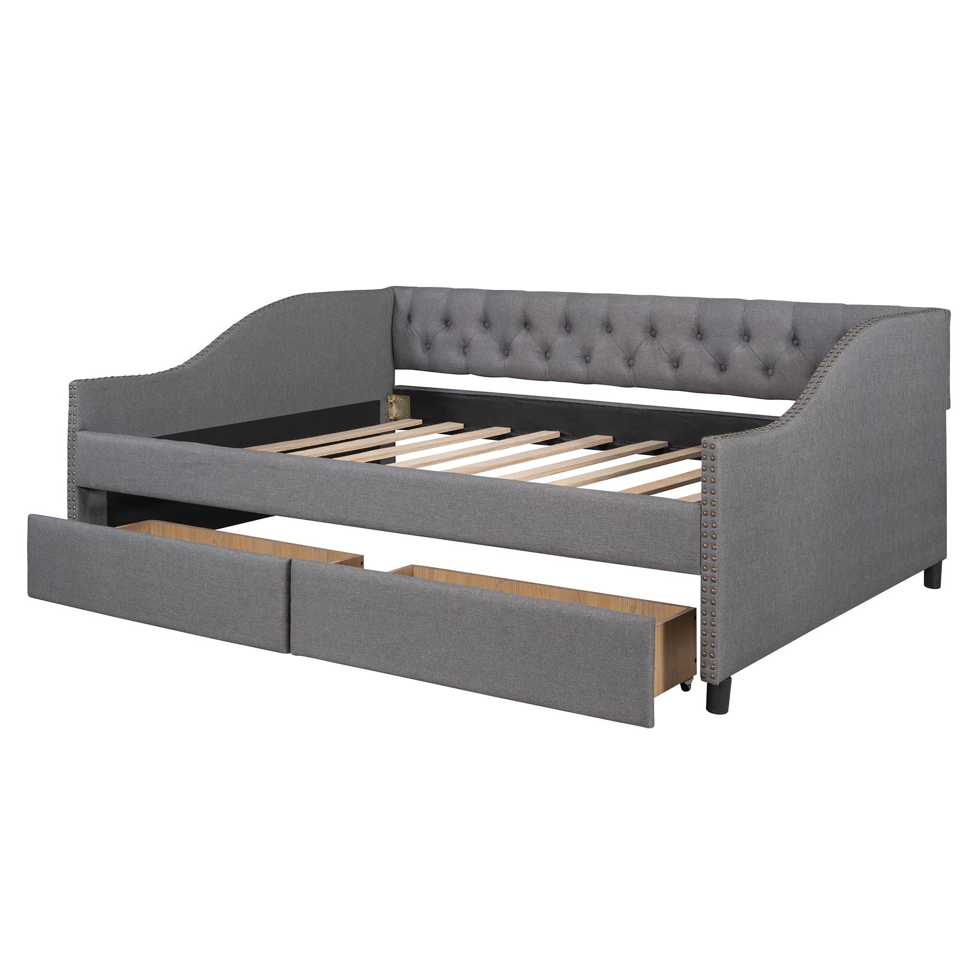 LZ LEISURE ZONE Full Size Upholstered Daybed with Storage Drawers & Wood Slat Support - Modern Gray Daybed for Guest Room, Dorm, or Small Space