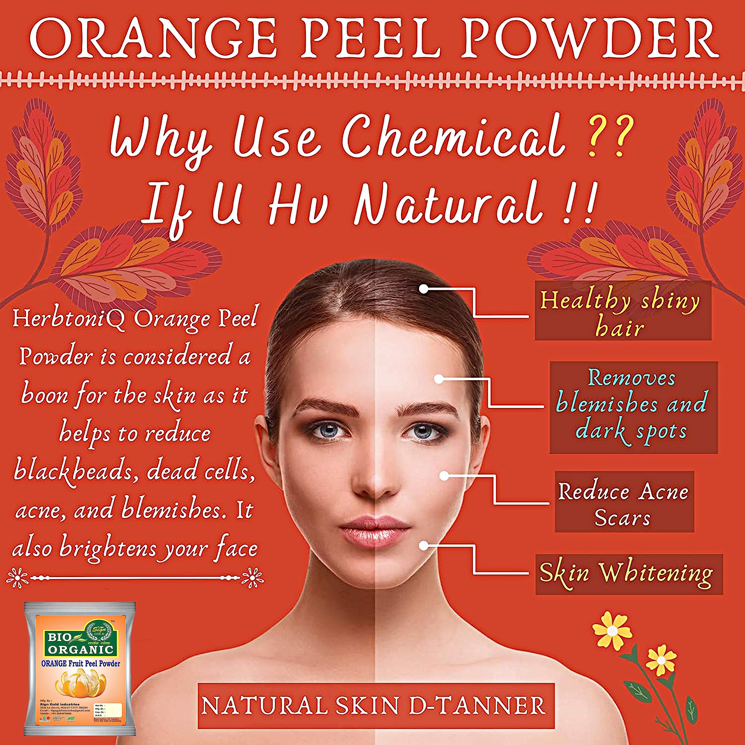Gold Orange Fruit Peel Powder for Hair & Face - Natural Skincare & Haircare Solution - DIY Face Masks & Hair Treatments