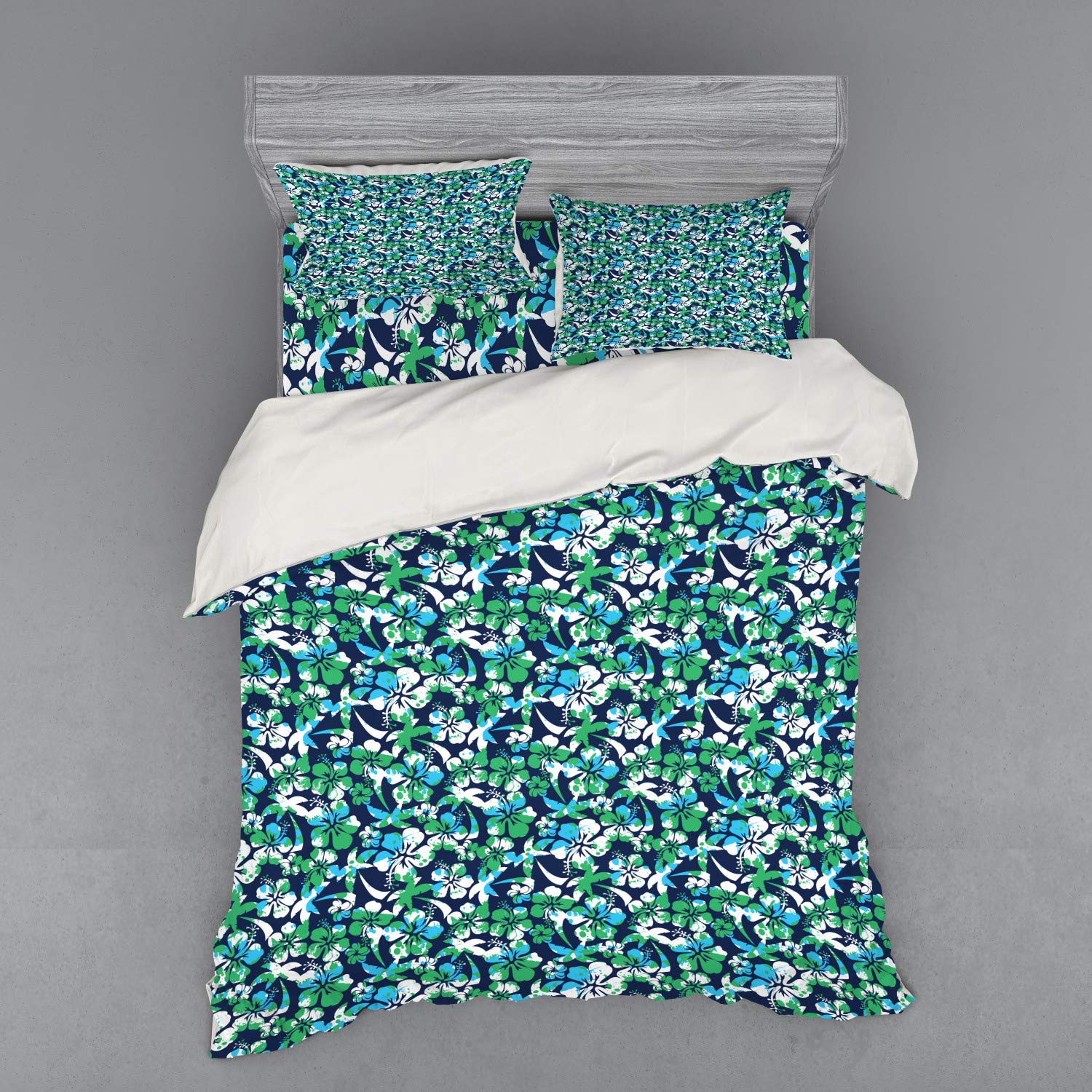 Ambesonne Navy Blue Duvet Cover Set - Queen Size 4-Piece Bedding with Hibiscus Flower & Palm Tree Design, Includes Shams & Fitted Sheet (Navy Blue, Green, White) | Tropical Summer Vacation Theme for Beach House, Guest Room & Coastal Decor