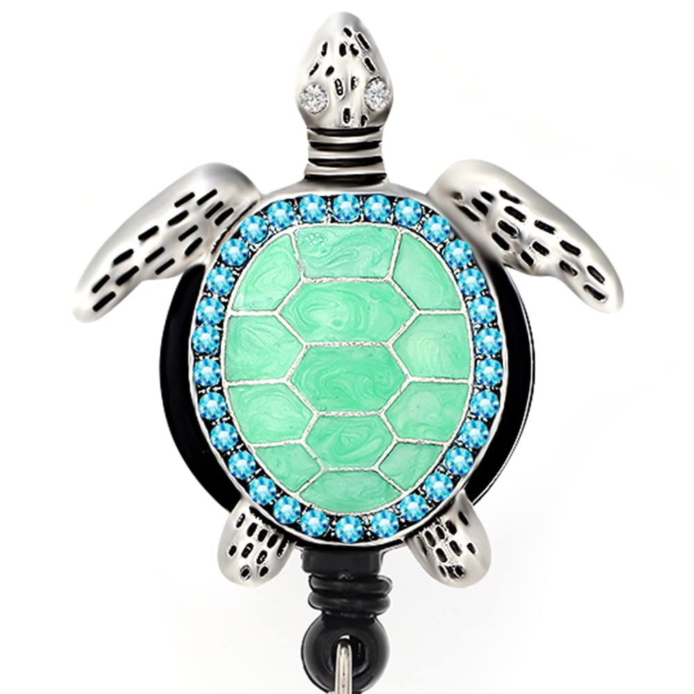 Aquamarine Enamel Sea Turtle Retractable ID Badge Reel with Name Card Holder - Nurse Lanyard for Hospital, Office & School Use